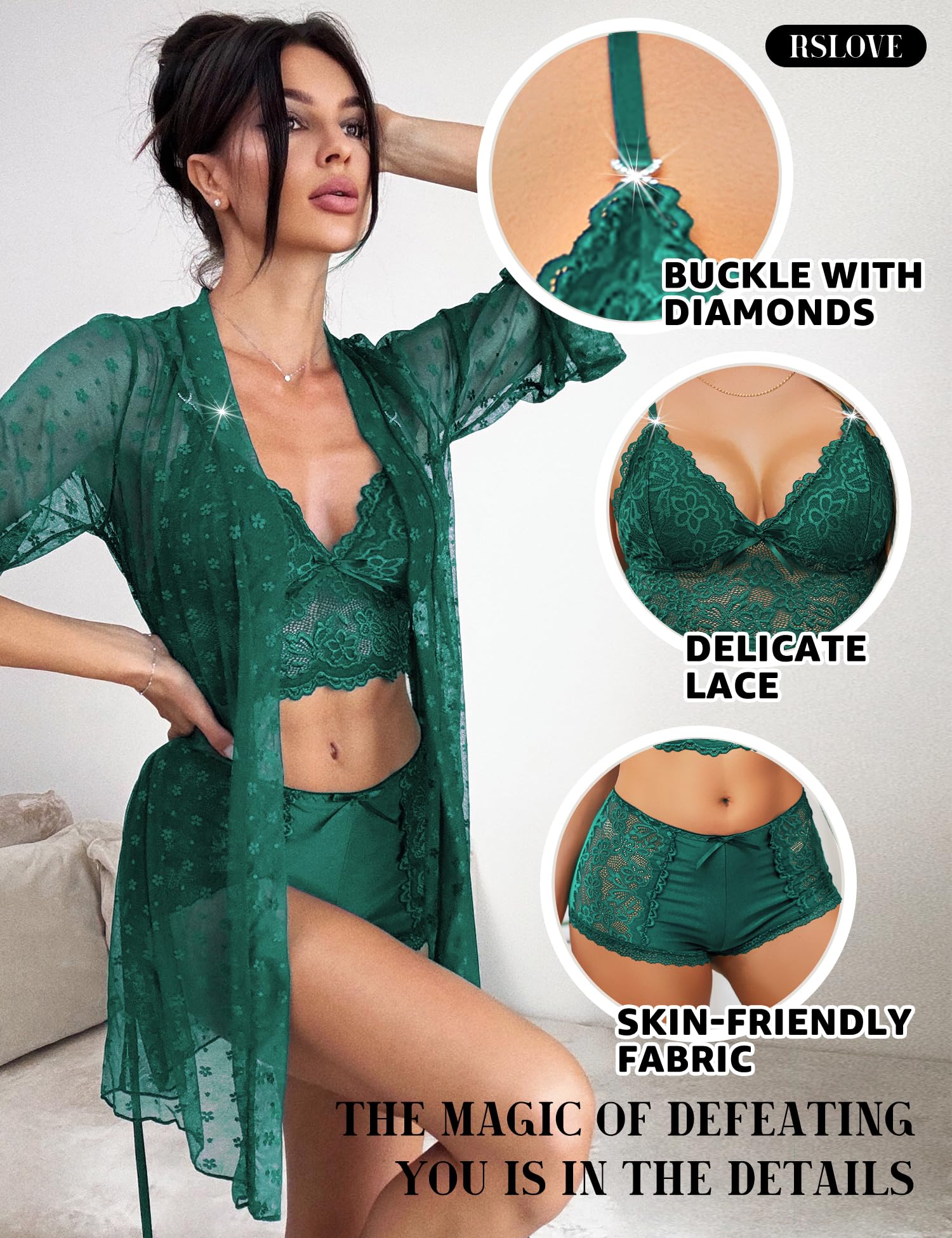 RSLOVE Women Sexy Lingerie Set - 3 Piece Lace Bra and Panty Sets with Mesh Kimono Robe Nightgown Sleepwear: X-Large Green