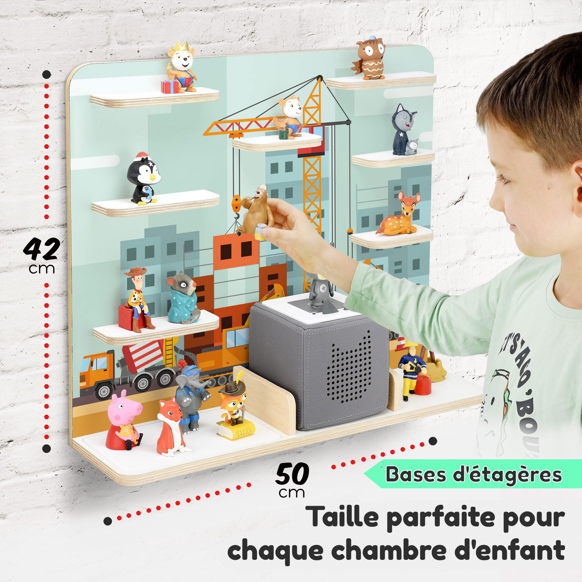 stadtecken Étagère en Bois | Support Mural Compatible avec Toniebox et env. 50 Tonies | Rangement Chambre d'enfant | À Poser ou à Suspendre (Chantier, Grand modèle)