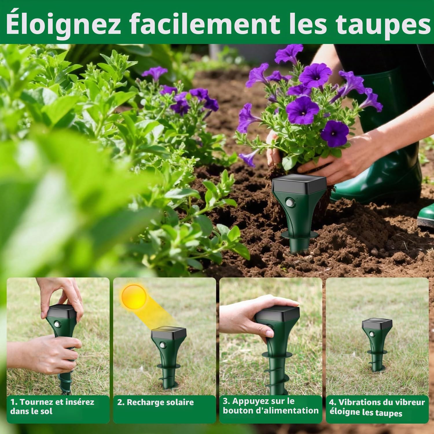 Anti Taupe Solaire, 2 Pièces Répulsif Taupe Vibration et Ultrasons, Efficace Contre Les Taupes, Les Campagnols, Les Souris, Les Serpent, Ainsi Que Les Rongeurs de Jardin-Vert