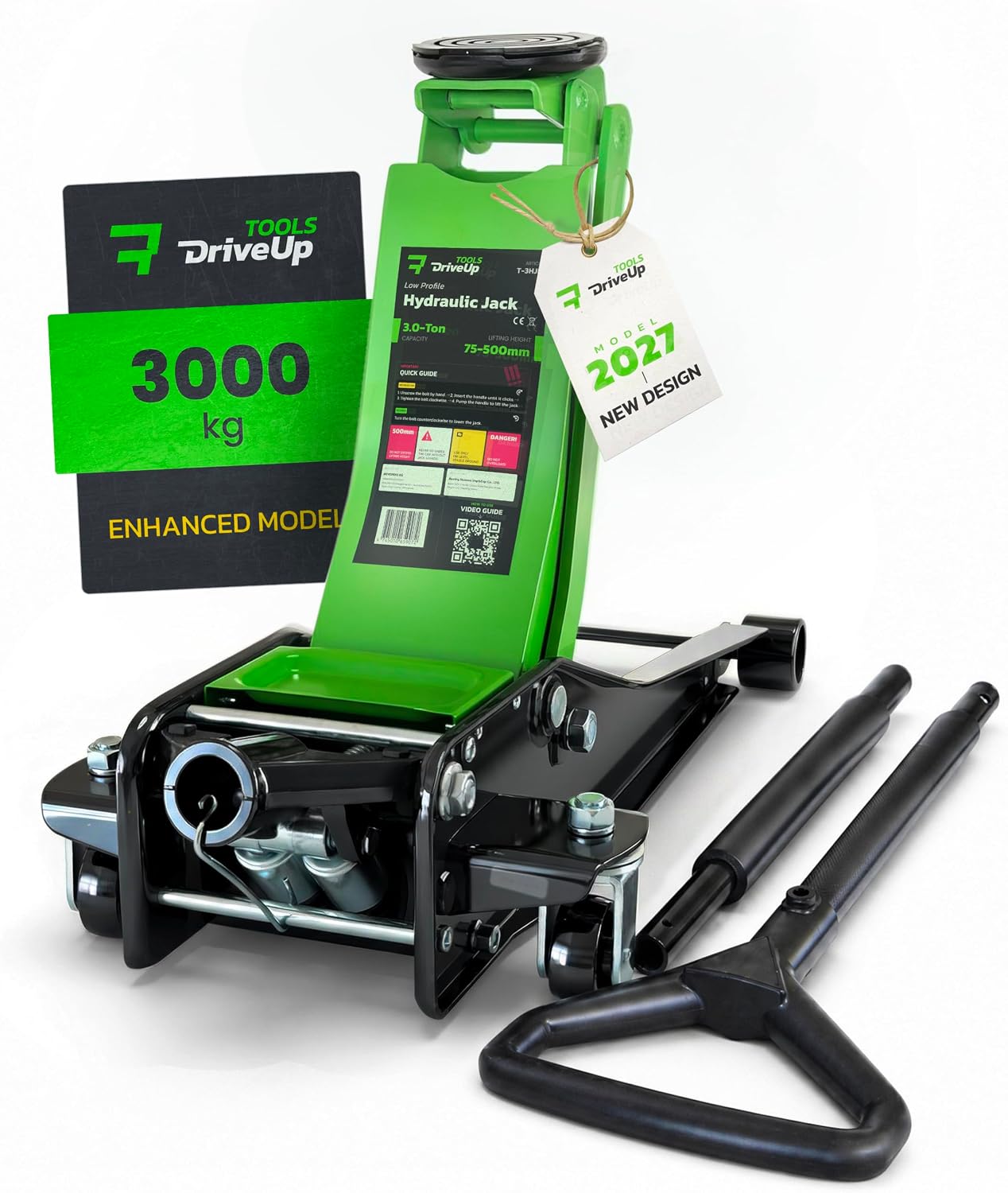 DriveUpTools green 3 ton low profile floor jack with rubber saddle