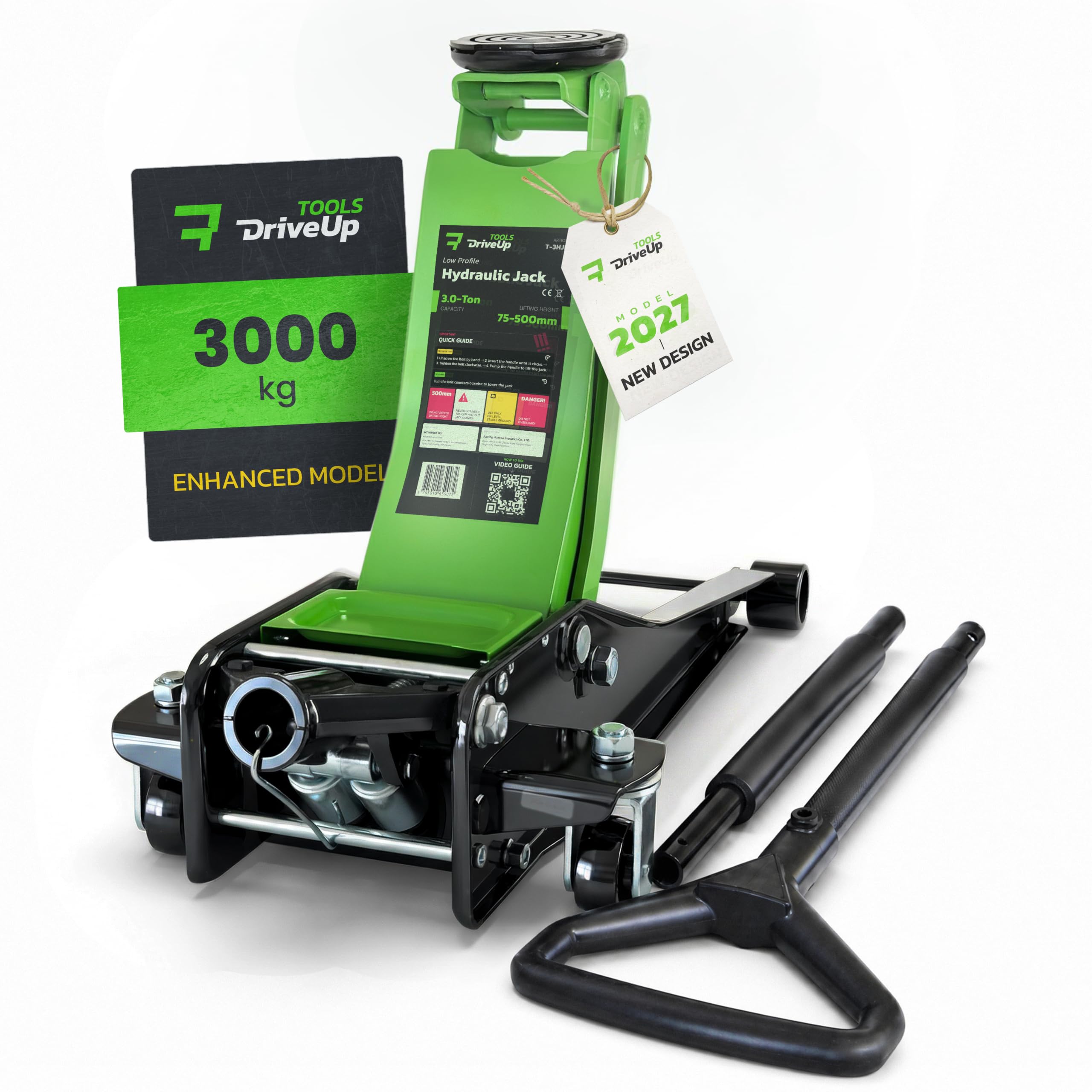 3T DRIVEUPTOOLS Gato hidráulico de perfil bajo para coches | Gato hidráulico para coche | Carrera de doble pistón 75-500 mm