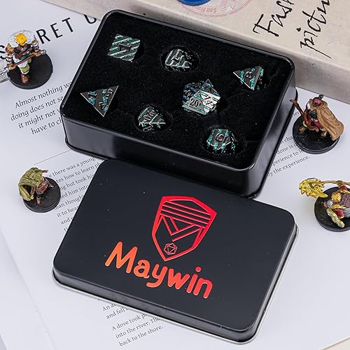 Miniatura 7 de Dados de rayas de metal, dados DND de rayas metálicas sólidas con purpurina con caja de metal de regalo para juego de mesa de Calabozos y Dragones