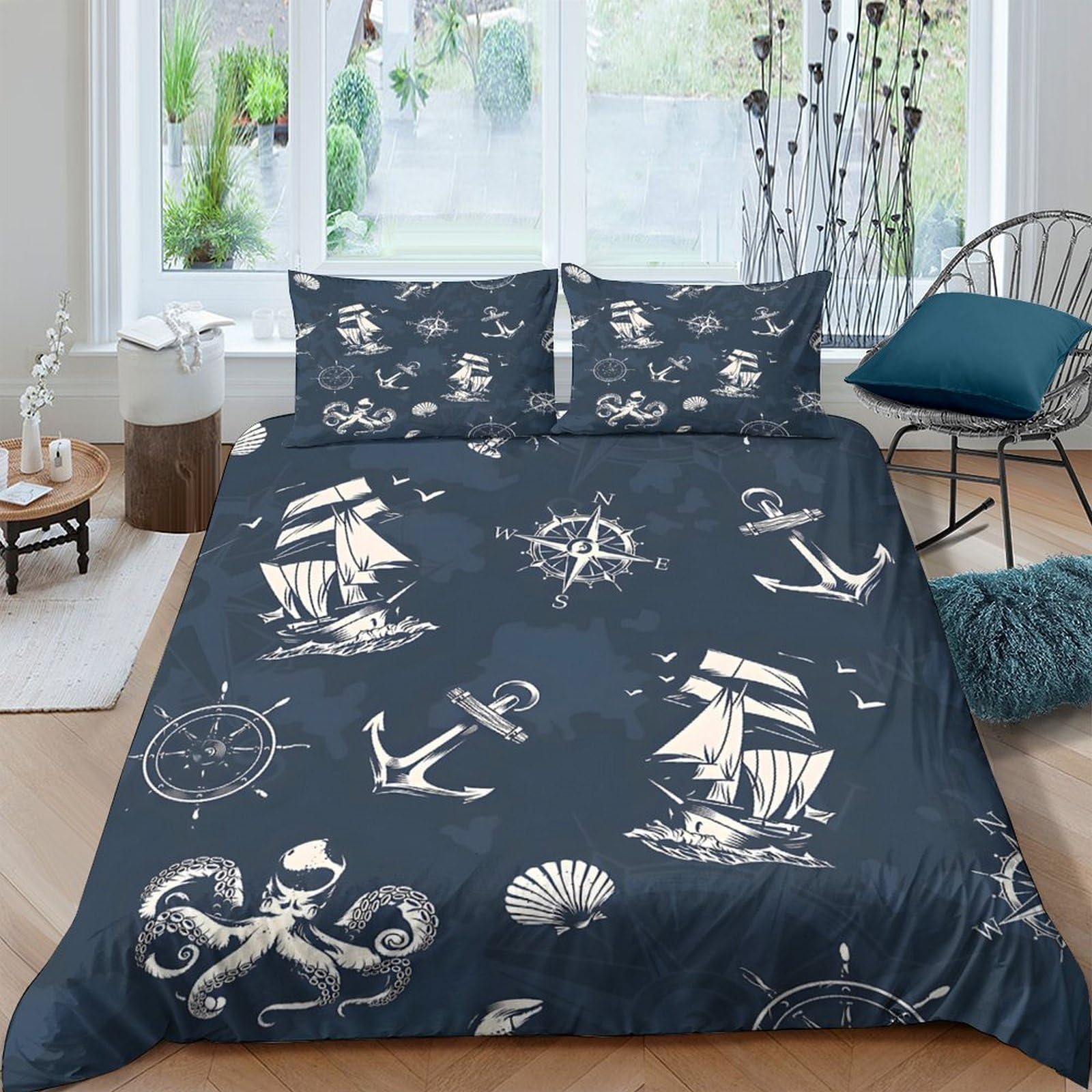 Ctjqhvkz Style-3 3D Printed Nautical Ship Fitted Sheet Microfiber Anchor Compass Bed Sheet For Bedroom Guest Room Home Decor Single（135X200cm）