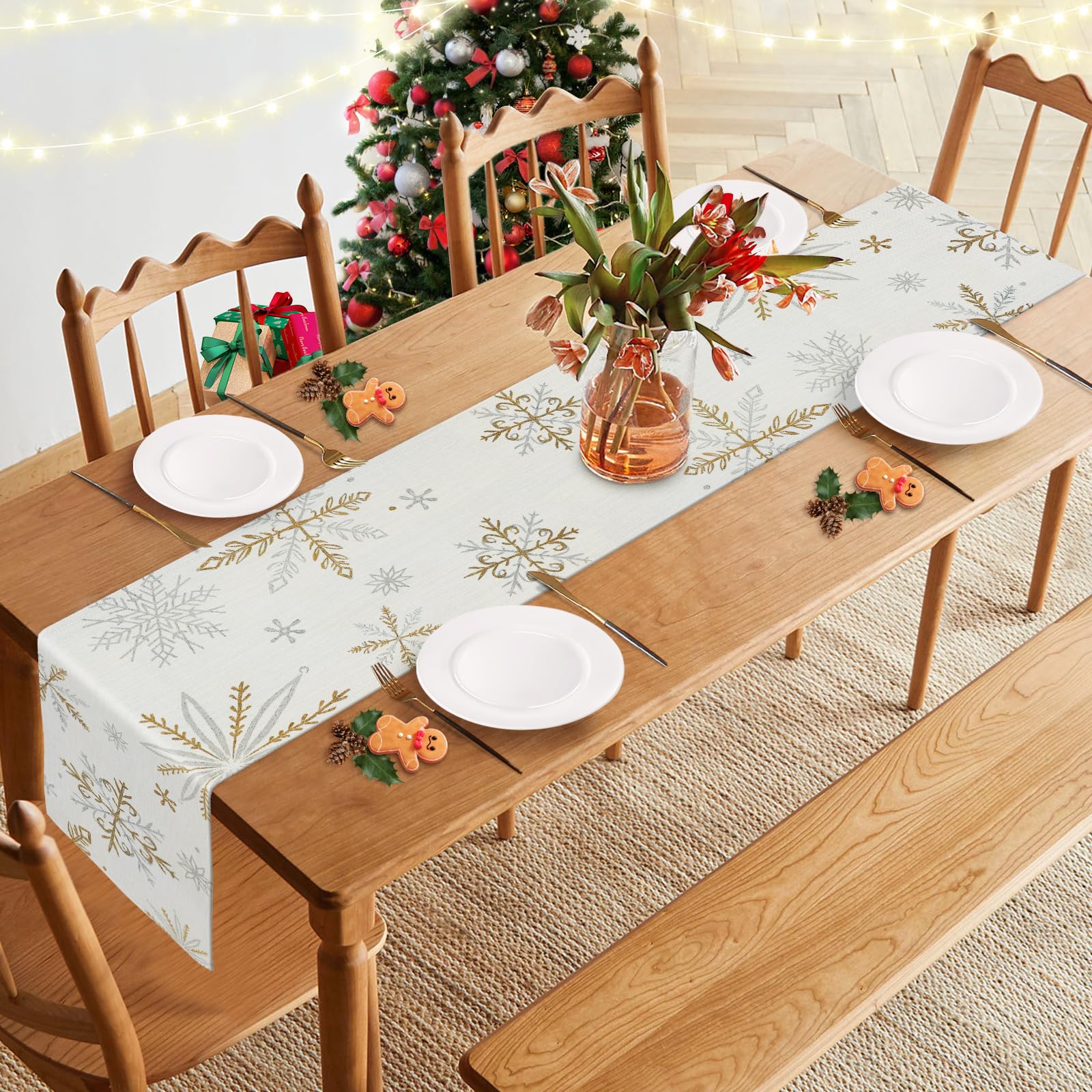 Chemin De Table En Peluche Pure De Noël, Nappe Décorative Flocon De Neige à Paillettes Dorées Et Argentées, Fournitures De Décoration D'Activité De Noël