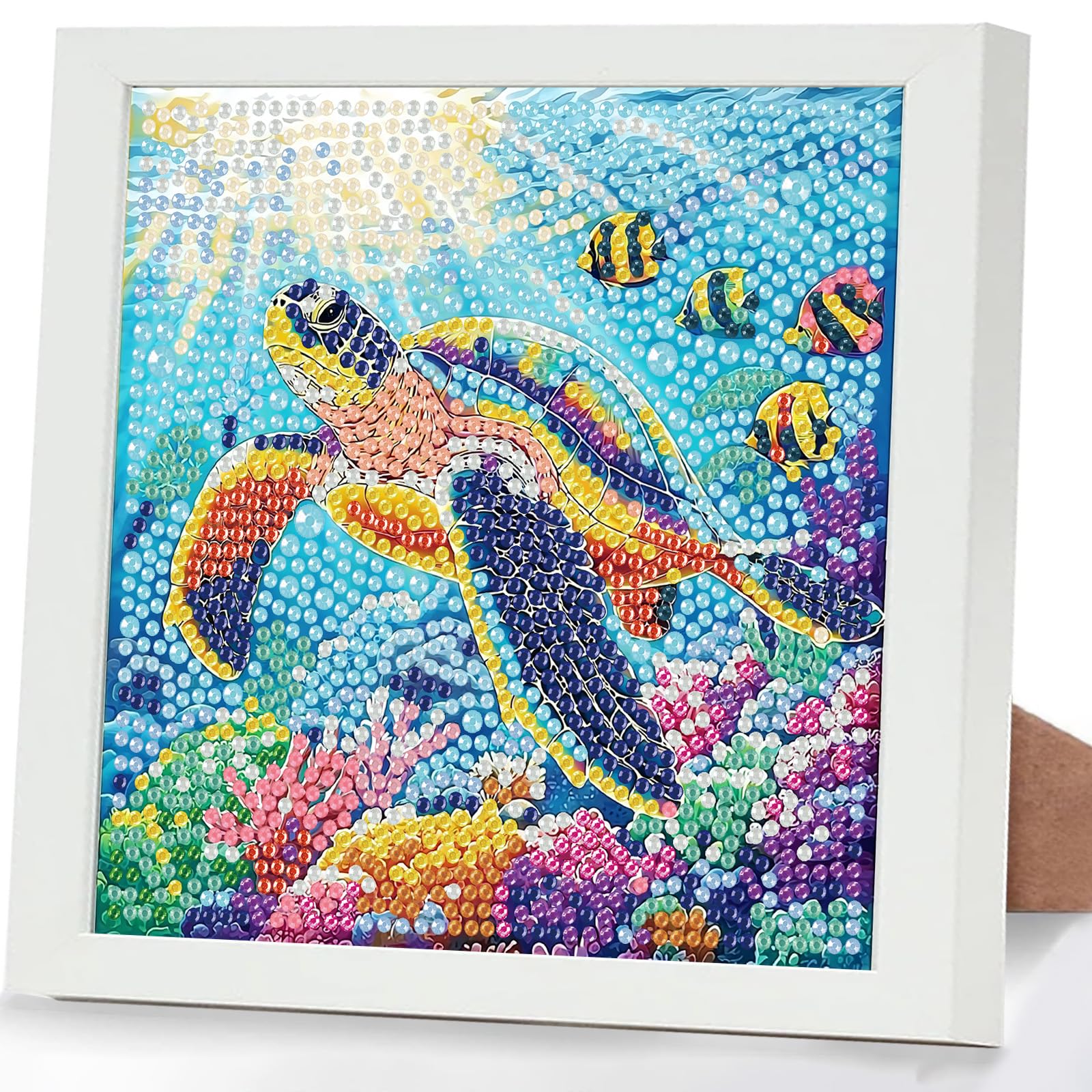 GHHKUD Turtle Diamond Art Kits for Kids with Frame, Animal 5D Diamond Painting Kit for Kids Adults, Crystal Small Diamonds Gem Art Crafts Kits Gifts for Girls Boys Children Ages 6-8-12(7x7inch)