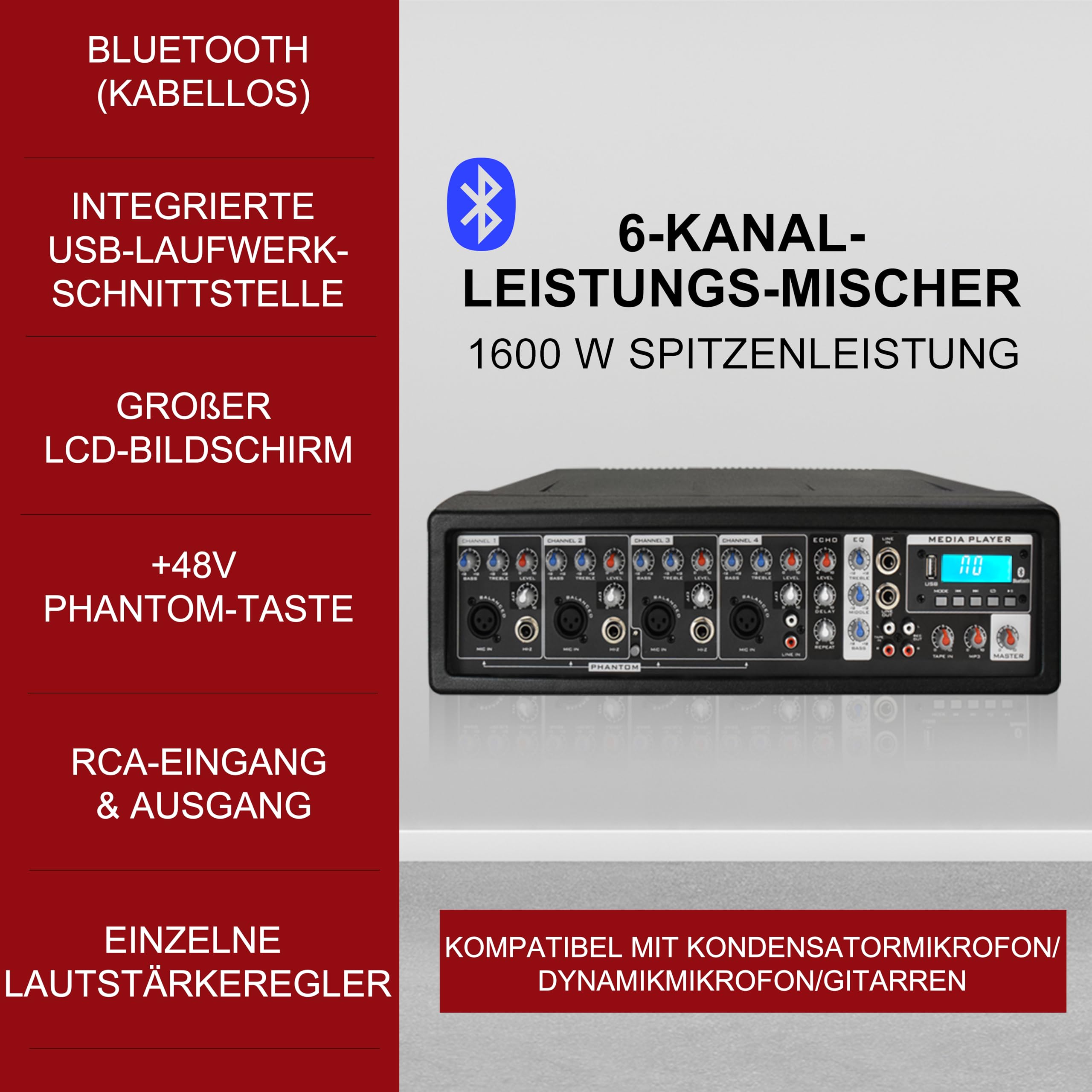 PRORECK MX10 1600W 6-Kanal Aktiv-Mischpult mit Bluetooth & 10 Zoll (25,4 cm) passiven Lautsprechern – PA-System inkl. Ständer und Mikrofon