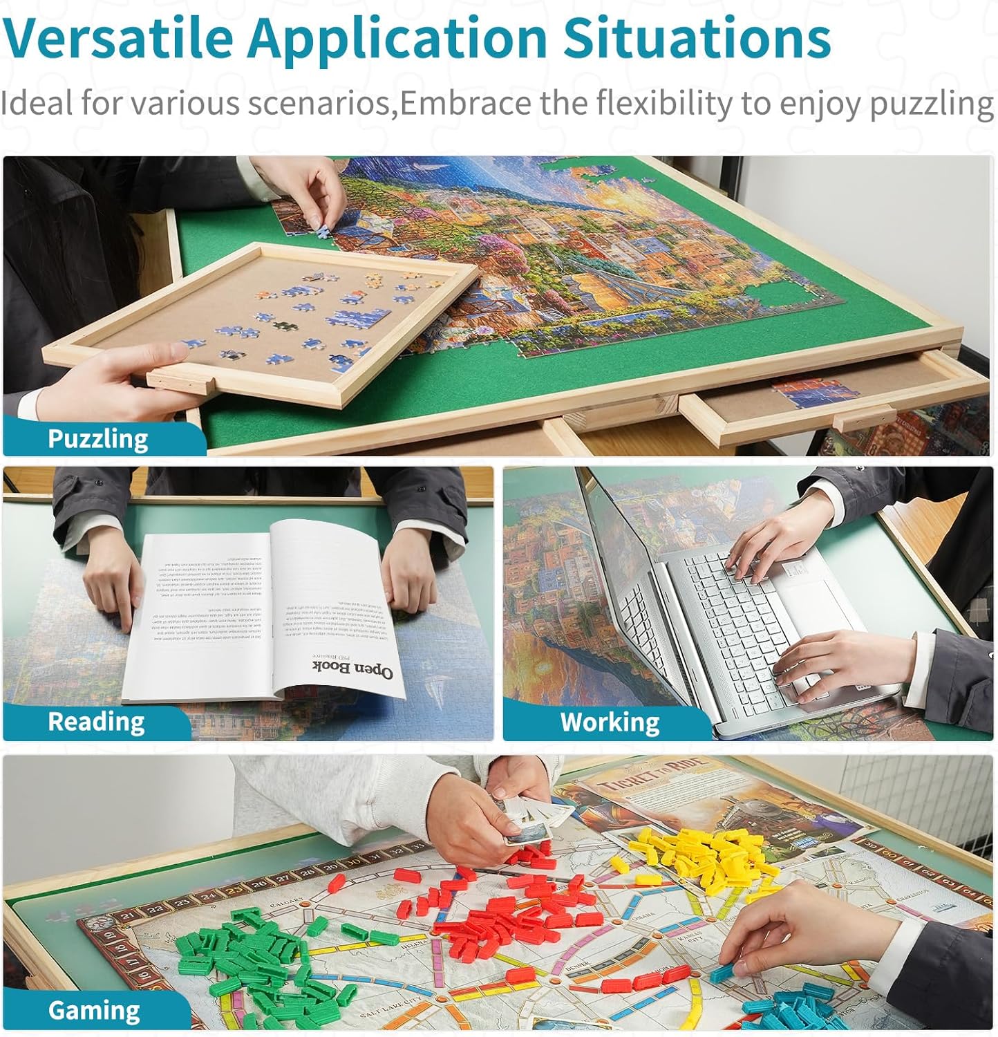 1500pcs Puzzle Table with Legs,34.25" x 25.2"Wooden Jigsaw Puzzle Board with 4 Drawers & Cover,Height Adjustment & Weight optimization