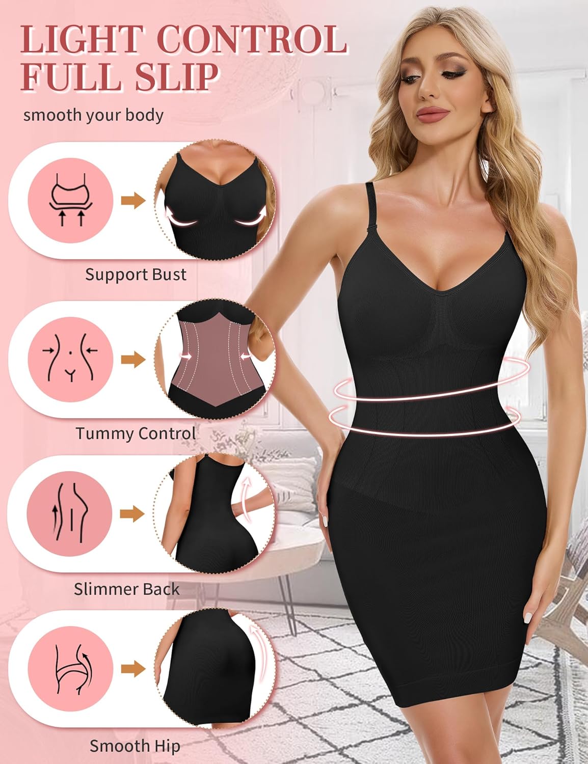 SLIMBELLE Shapewear Dress Slip For Under Dresses Women Tummy Control Adjustable Strap V Neck Full Slip Seamless Shaper - Image 2