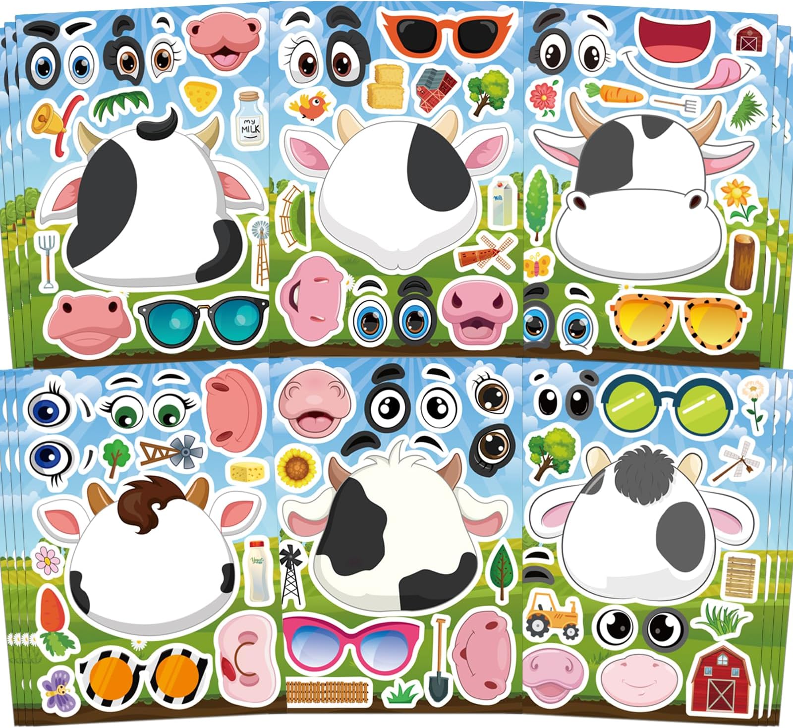 Ozepao Cow Stickers 24 Pcs Make-A-Face Mix and Match Sticker Sheets for Kids Cute Cow Party Favors and Crafts