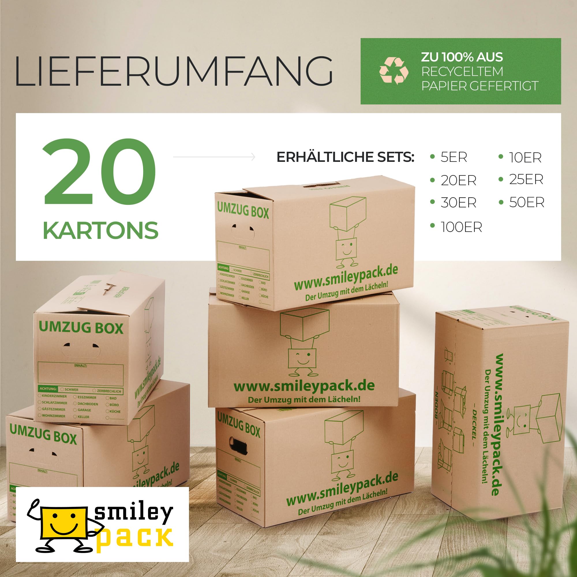 Smiley Pack PROFI Umzugskartons 620x300x330 mm 40kg Traglast Zweiwellig Robuster Umzugskarton groß Bücherkarton Archivbox Moving Boxes Verstärkte Griffe 20 Stück