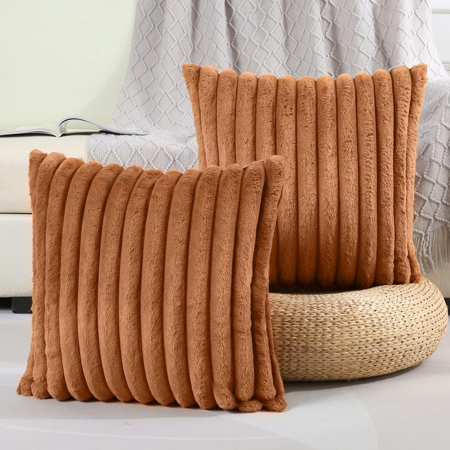 quxup Striped Decorative Throw Pillow Covers 18x18 Inch Set of 2,Square Spring Decorations Couch Pillow Case,Soft Cozy Faux Rabbit Fur & Velvet Back,Modern Home Decor for Bed 45x45cm (Brown)