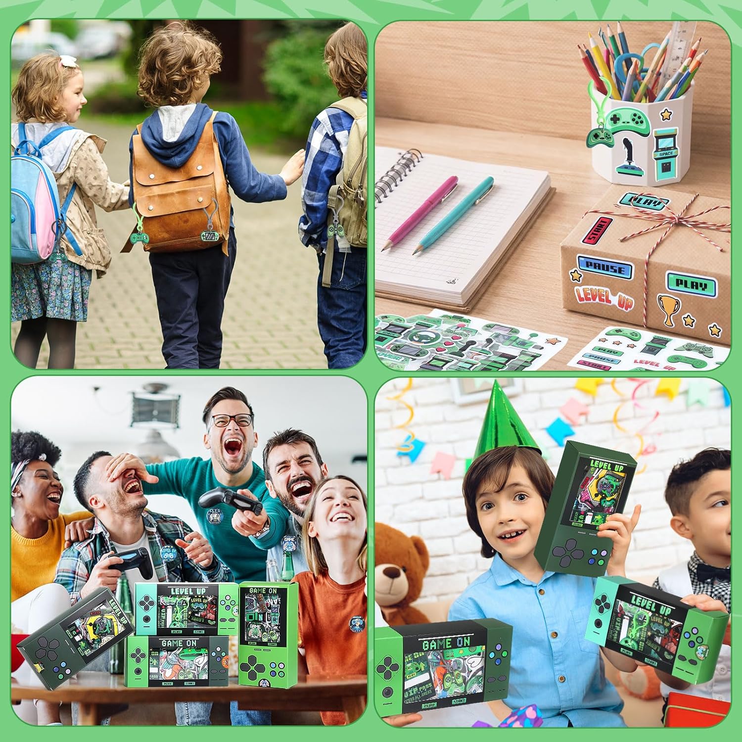 195 Pcs Video Game Party Favors for Kids Gamer Goodie Bag Stuffers Gaming Birthday Party Supplies with Gift Boxes, VIP Pass, Balloons, Bracelets, Keychains, Badges, 3D Stickers (Green)