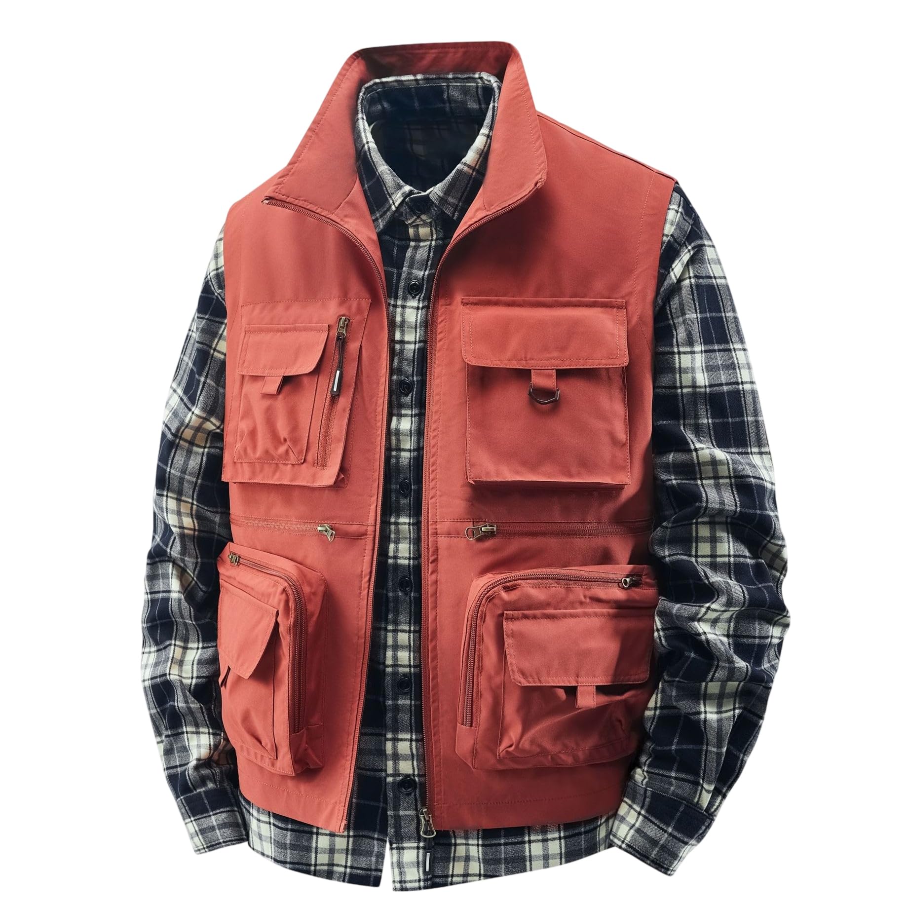 Gilet leggero da uomo per pesca e fotografo, con tasche multiple, gilet da lavoro in stile cargo, colletto alto, cerniera frontale