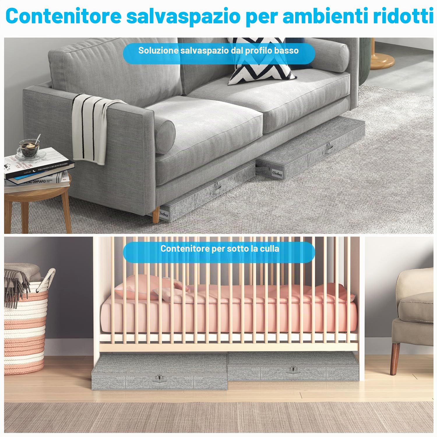 Scatola portaoggetti sotto il letto con coperchio, confezione da 4 pezzi, 12 cm, sottile, a basso profilo, organizer per vestiti, per casa, coperte e giocattoli, sotto il divano e la culla, organizer