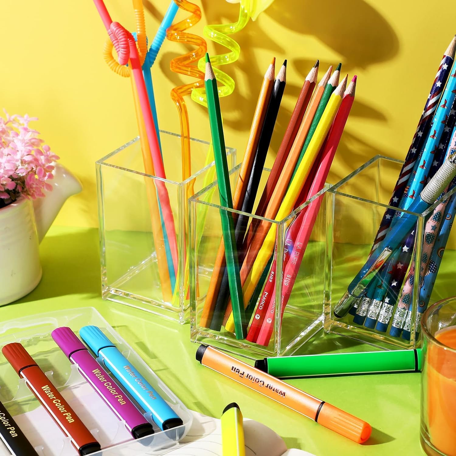 Cazuela Acrylic Pen Holder Clear Pencil Holder Square Organizer Cup Makeup Brush Toothbrush Holder Stationery Organizer Cup Desk Accessories for Office School Home Supplies (Pack of 1 - Clear) 3