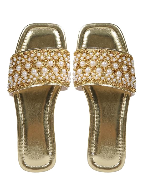 GORGLITTER Women's Sparkly Jeweled Flat Sandals Dressy Open Toe Glitter Shiny Slippers Slip-on Shoes Gold Pearls 8.5 by GORGLITTER - Used condition - US$19.74