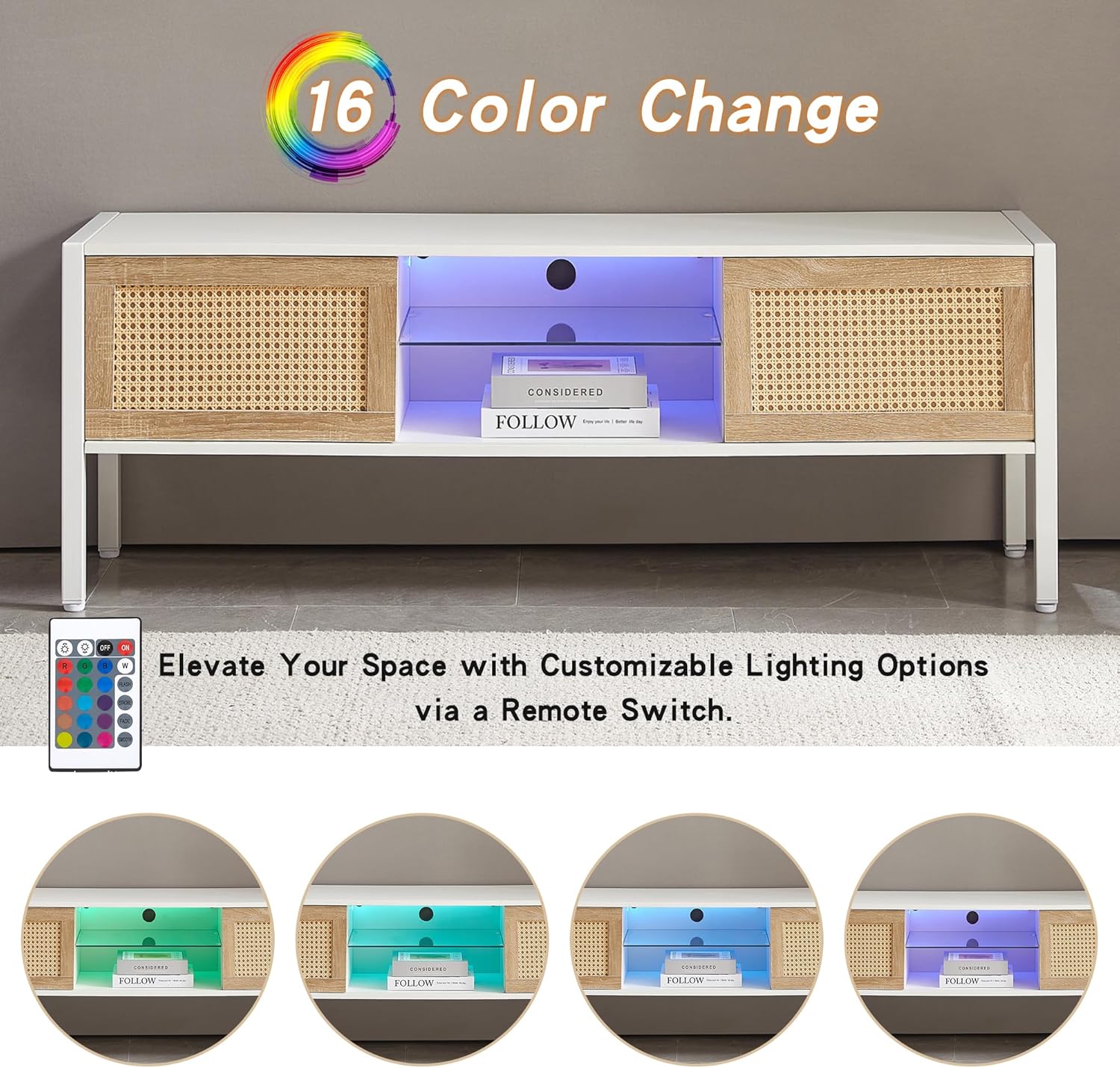 IANIYA Rattan TV Cabinet with Variable Color Light Strip, Double Sliding Doors for Storage,54.33" TV Console for Living Room (White, Metal Leg TV Stand)