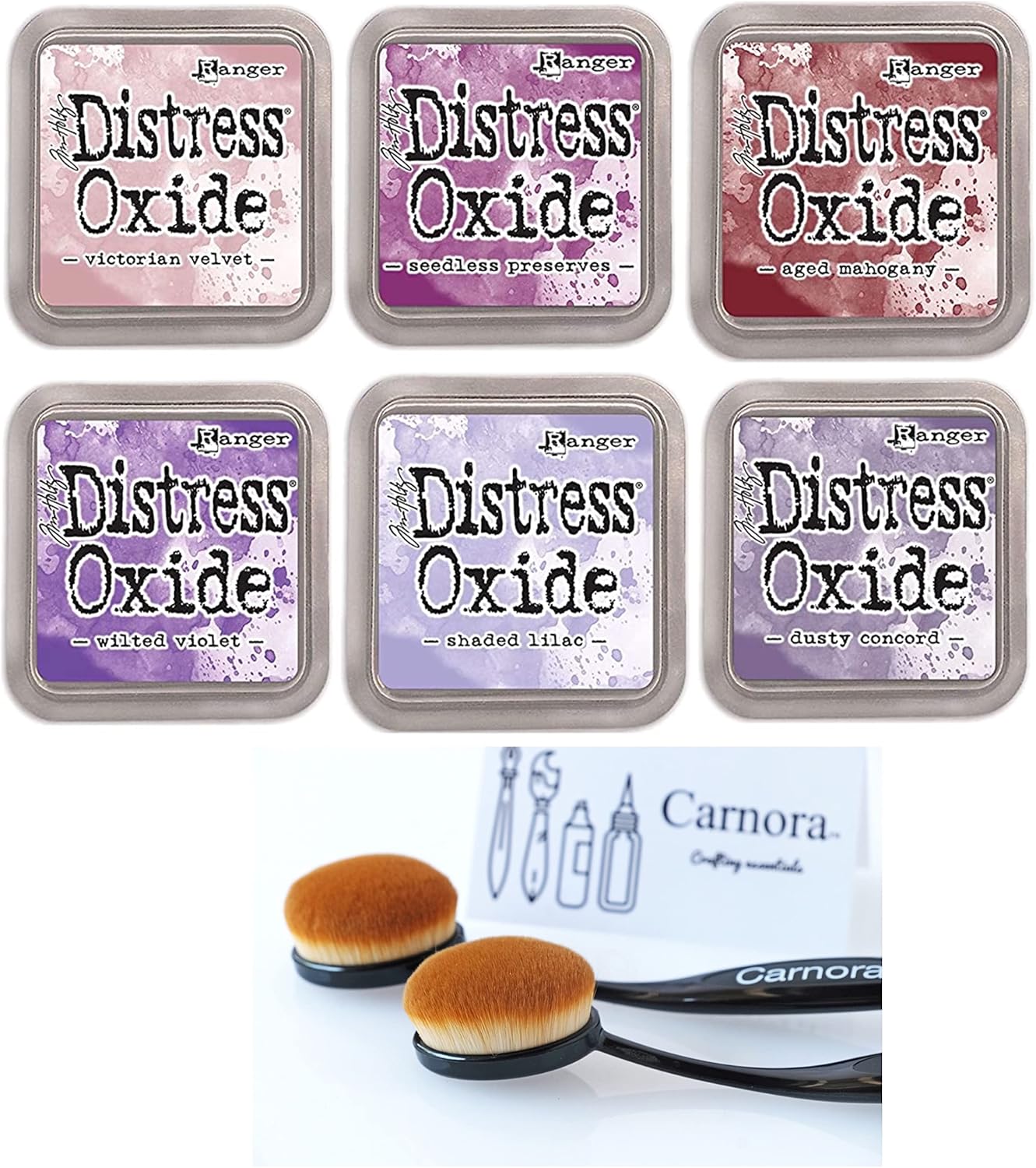 Tim Holtz Ranger Distress Oxide Ink, 6 Shades of Purple, Victorian Velvet, Seedless Preserves, Aged Mahogany, Wilted Violet, Shaded Lilac, Dusty Concord, 6 Inks, 2 Carnora Blending Brushes, 8 Items