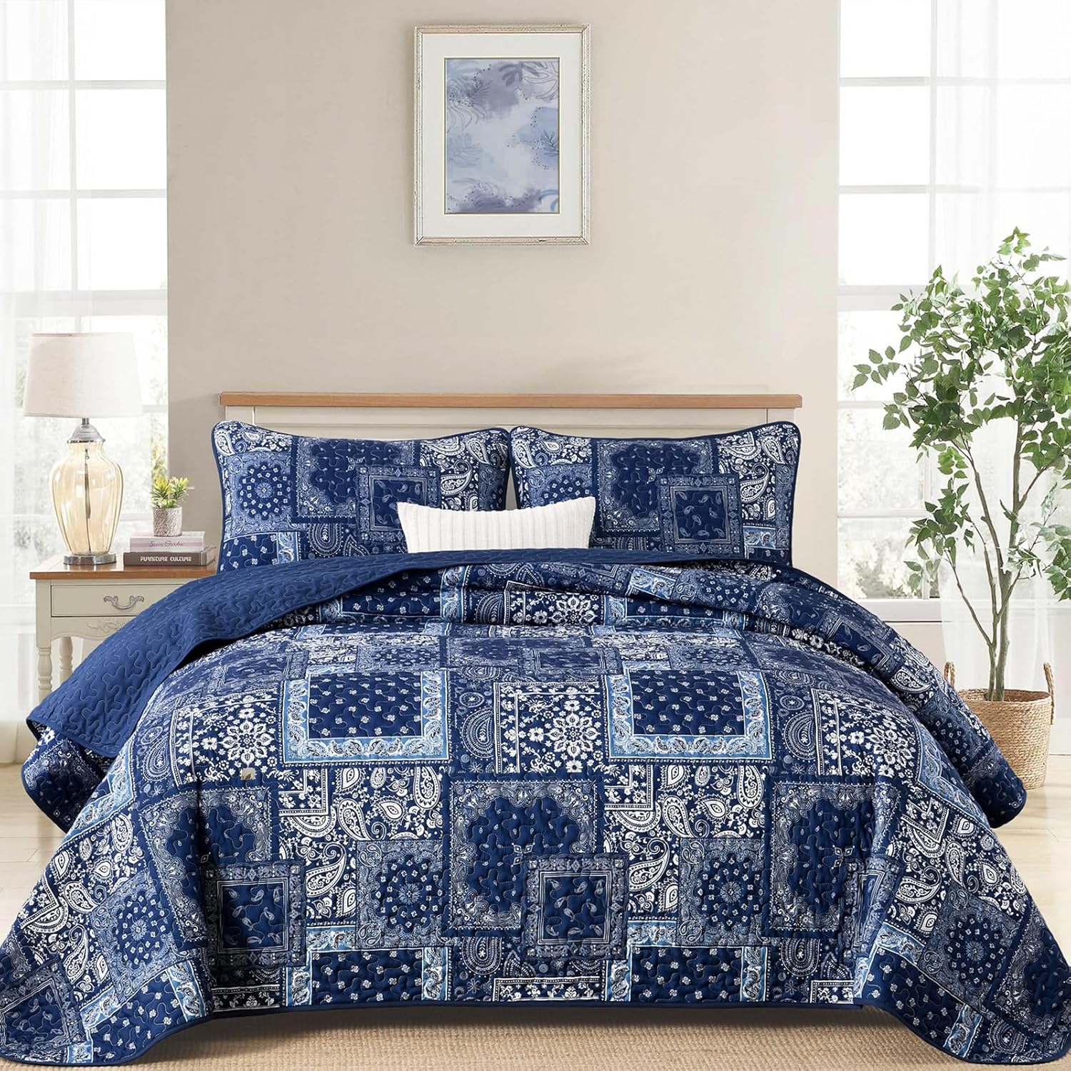 Cottolester Blue Patchwork Quilt Set Queen Size,Boho Navy Blue Quilt Set,Paisley Farmhouse Bedspread Soft Microfiber Bedding Set for All Season 96"x90"