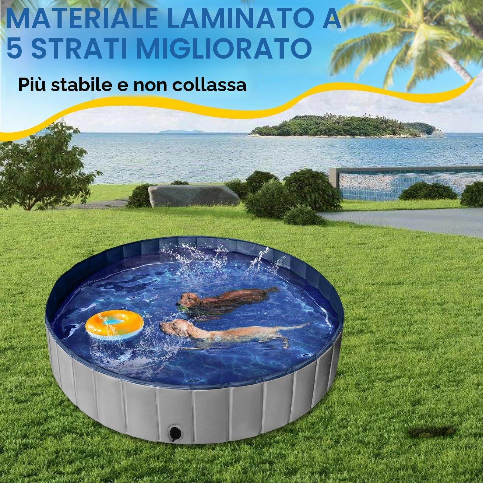 Piscina per cani extra large, 160 cm, resistente, pieghevole, per cani di grossa taglia, antiscivolo, con valvola di scarico e 2 giocattoli da masticare, piscina pieghevole per cani, per giardino