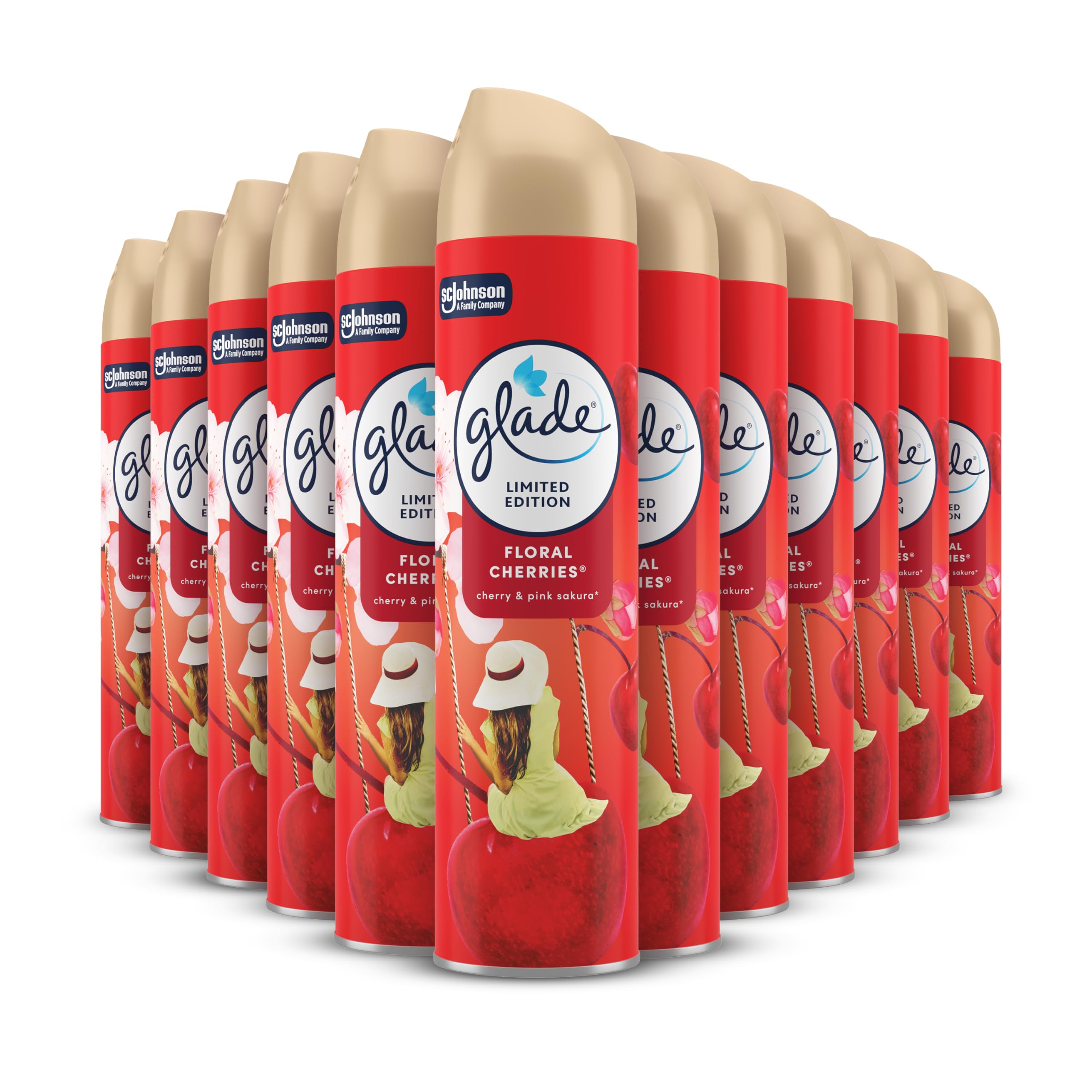 Glade Air Freshener, Aerosol Room Spray and Odour Eliminator, Frosted Floral Cherries, Pack of 12 (12 x 300ml)