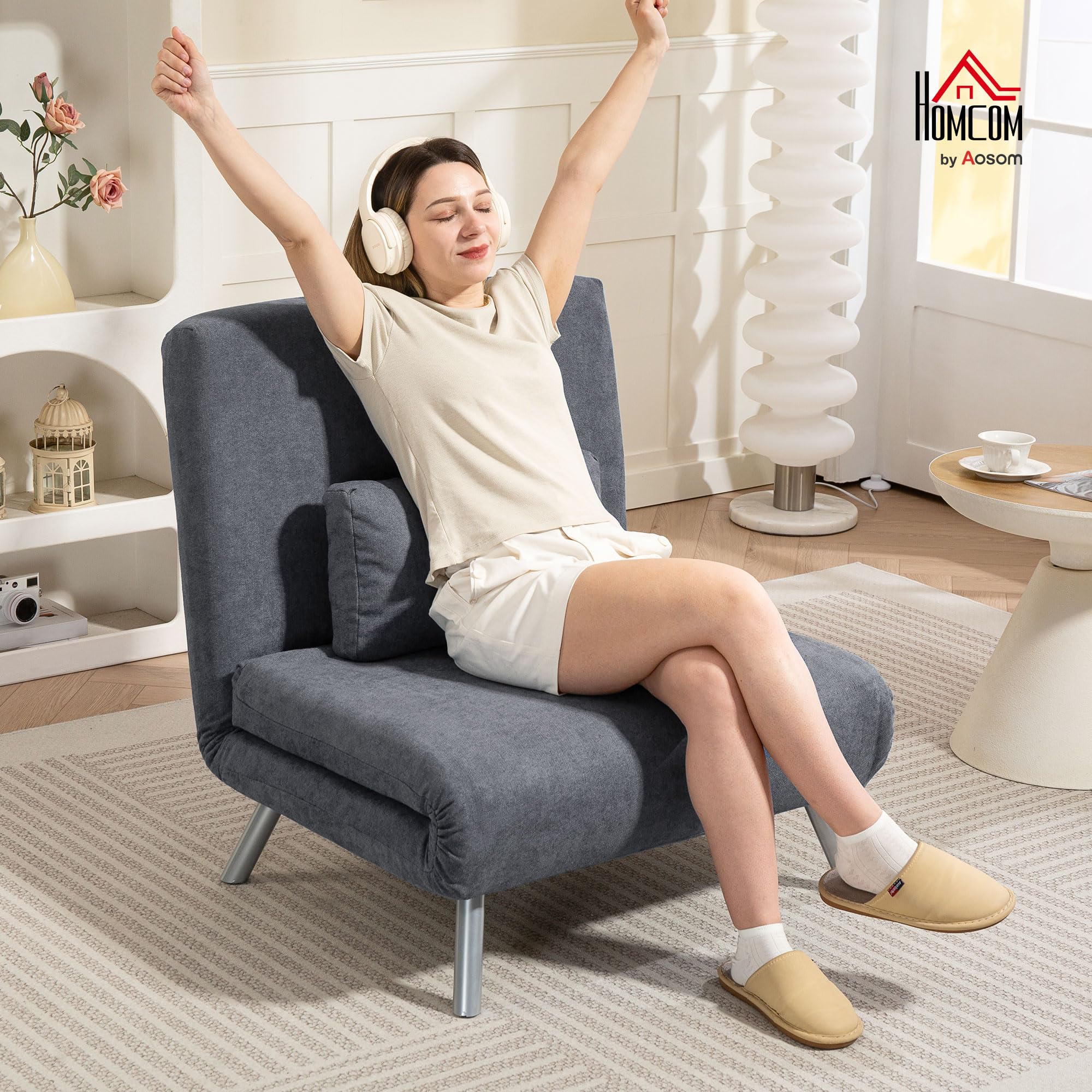 HOMCOM Fauteuil Convertible 1 Place, Fauteuil-lit clic-clac, chauffeuse 3 en 1 avec Dossier réglable, Oreiller, Assise Large, canapé-lit rembourré en Flanelle Neige pour invités, Salon, Bureau, Gris