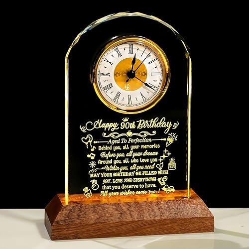 Miniatura 15 de Reloj de cristal de feliz cumpleaños 80 para hombres y mujeres, reloj de cuarzo con base de luz LED de madera, regalos de cumpleaños de 80 años para