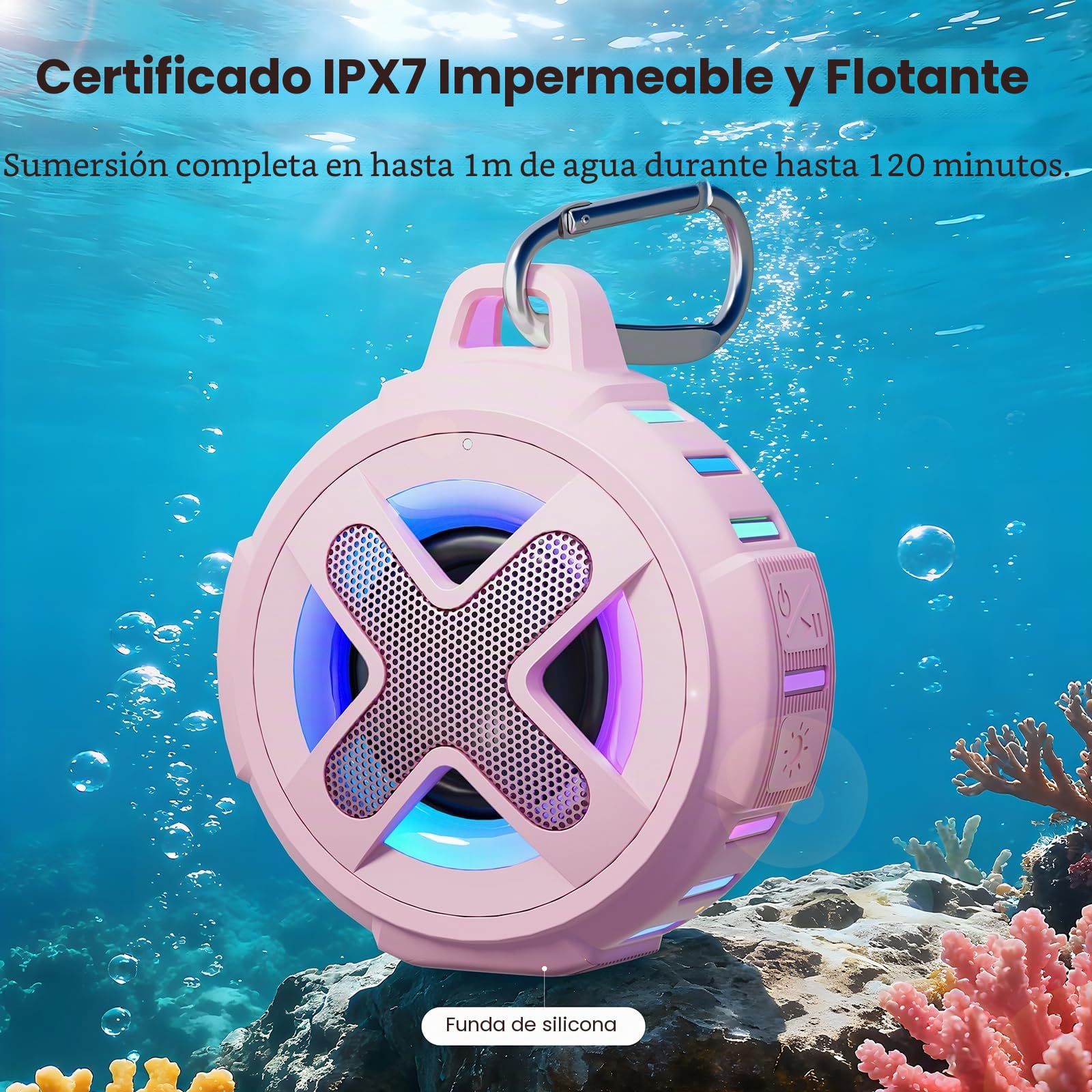 Xleader Mini Altavoz Bluetooth Rosa, Certificado IPX7 Impermeable Ducha Piscina Flotante Altavoz con Luces, Clip, Micrófono, Crystal Sound&Bass, Playa Viaje Ideal Chica Adolescente Mujer Regalos