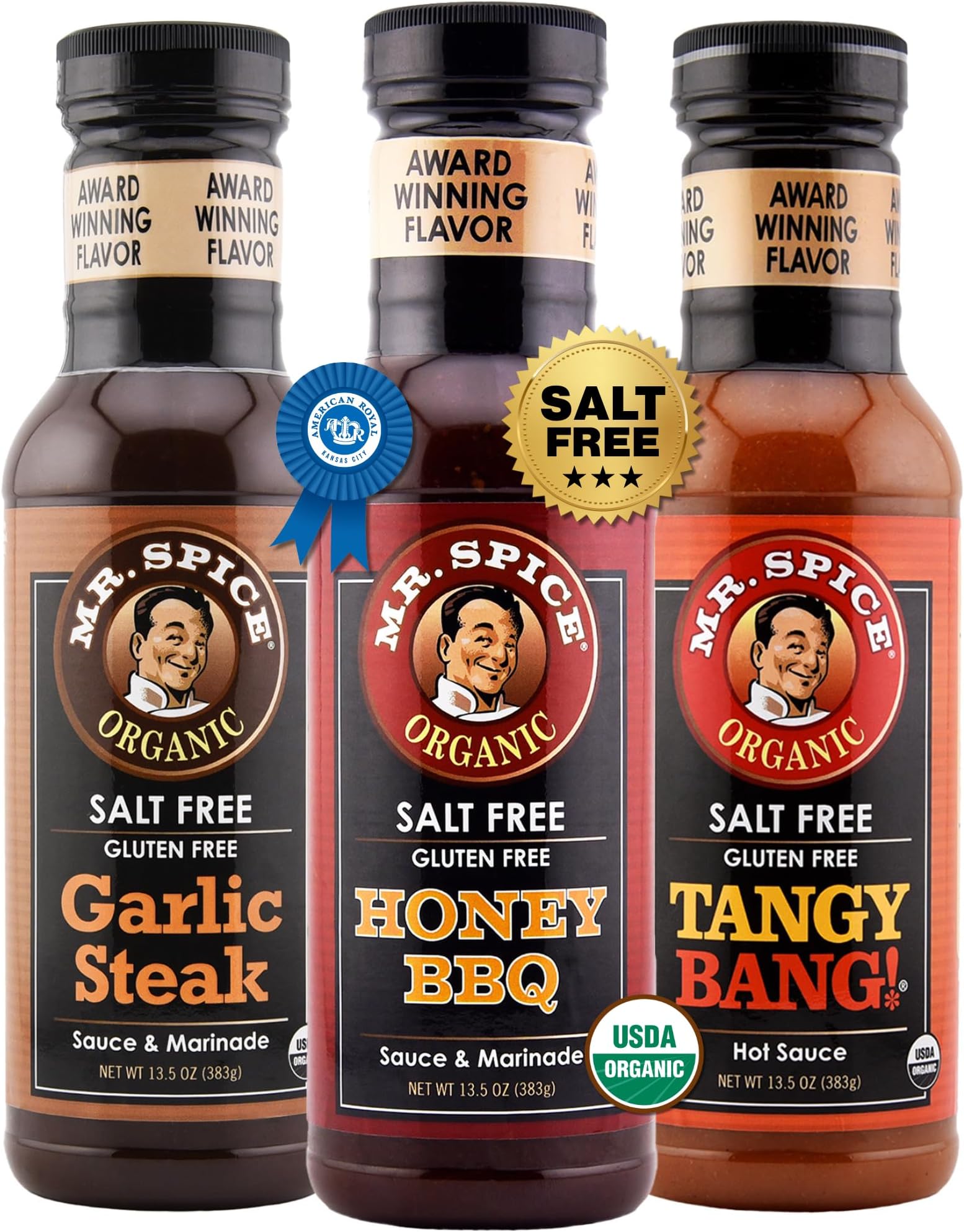 Mr. Spice Original 3 Pack, Organic Salt Free Honey BBQ, Garlic Steak & Tangy Bang Hot Sauce, Gluten Free Sauces, Low Sodium Marinades for Grill, Skillet & Air Fryer, Award-Winning Flavors, 13.5 Oz Ea