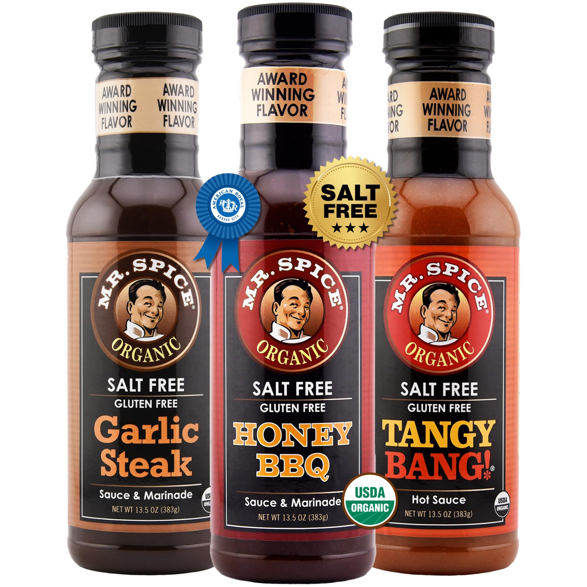 - Original 3 Pack, Organic Salt Free Honey BBQ, Garlic Steak & Tangy Bang Hot Sauce, Gluten Free Sauces, Low Sodium Marinades for Grill, Skillet & Air Fryer, Award-Winning Flavors, 13.5 Oz Ea