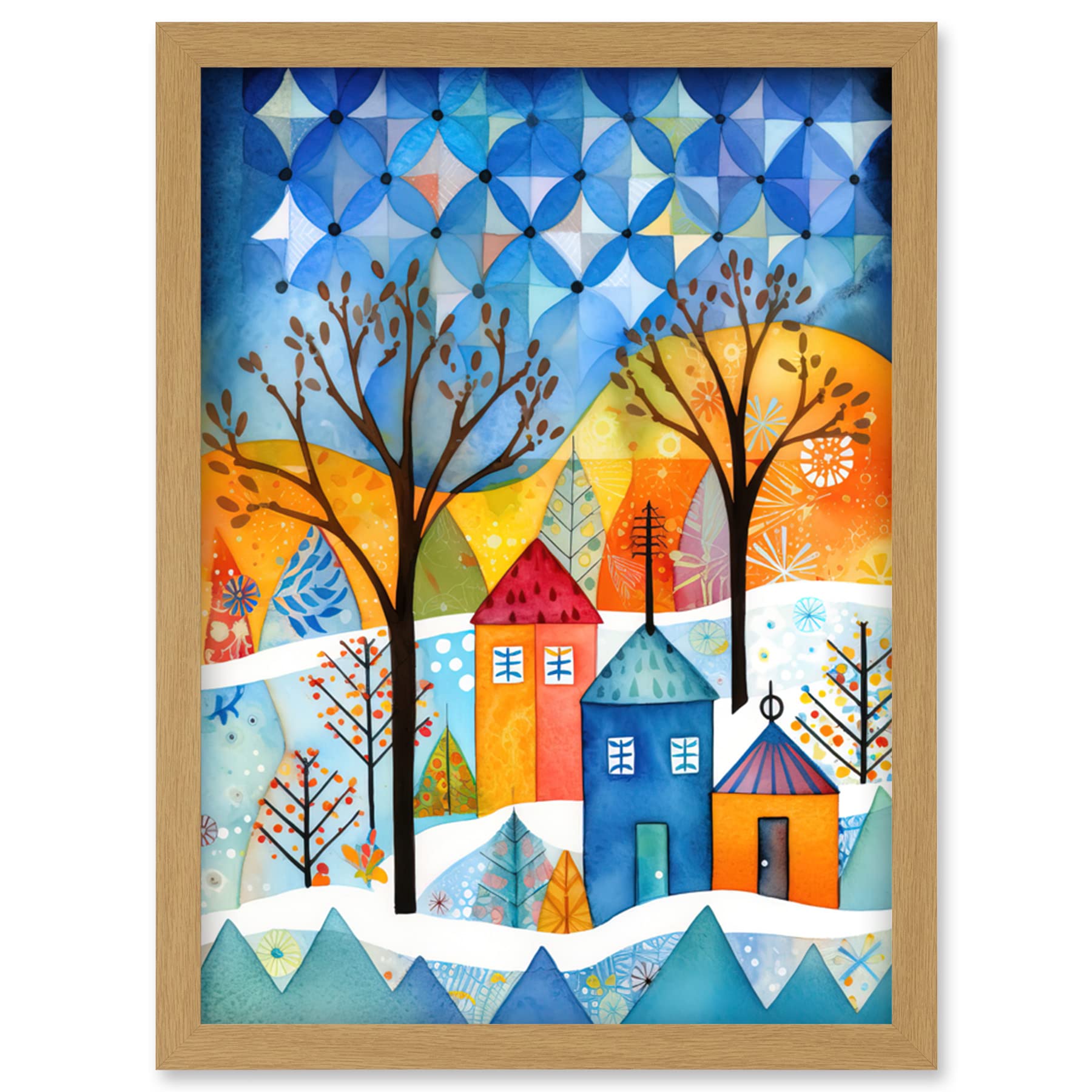 Artery8 Abstract Winter Snowfall Folk Art Artwork Framed Wall Art Print A4