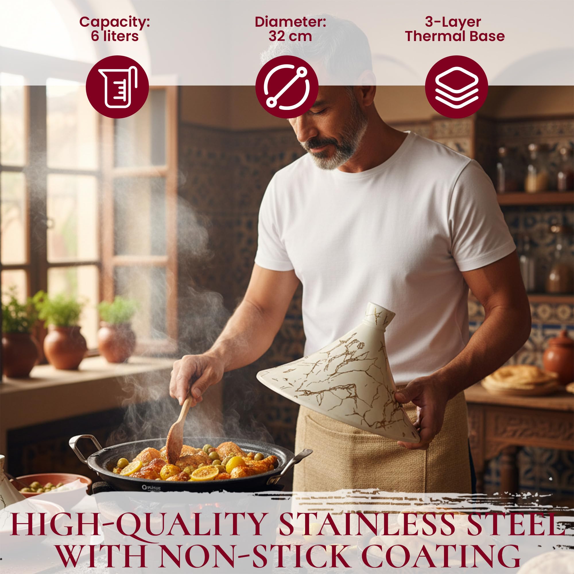 Royal Swiss Tajine 34 cm - Acciaio inossidabile con coperchio in ceramica e valvola a vapore, induzione e tutti i piani cottura, risparmio energetico, lavabile in lavastoviglie, pentola tradizionale