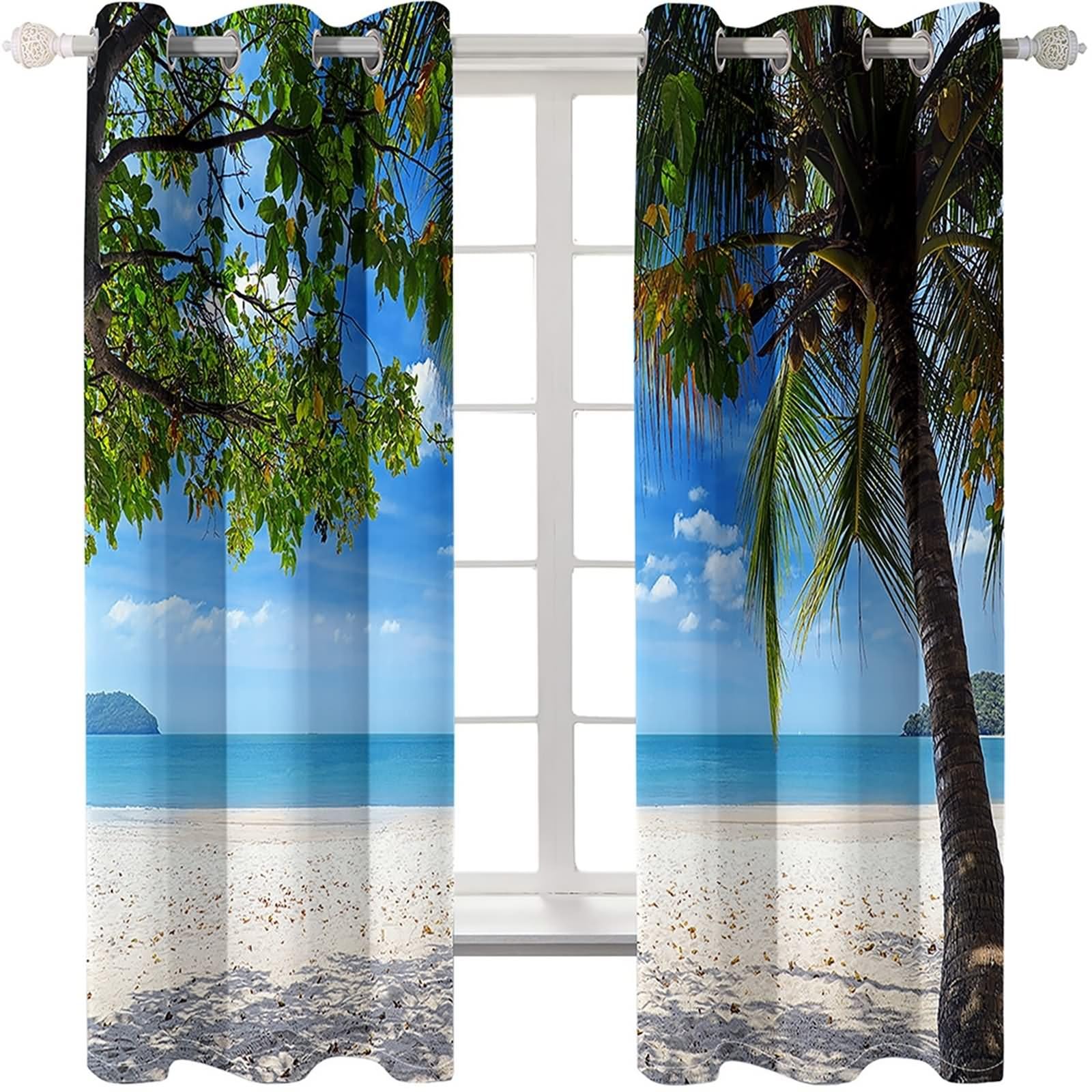 Zasłony okienne, zasłona zaciemniająca kuchnia niebieski zielony beżowy drzewo kokosowe krajobraz i plaża morska poliester 2 panele 264x214cm