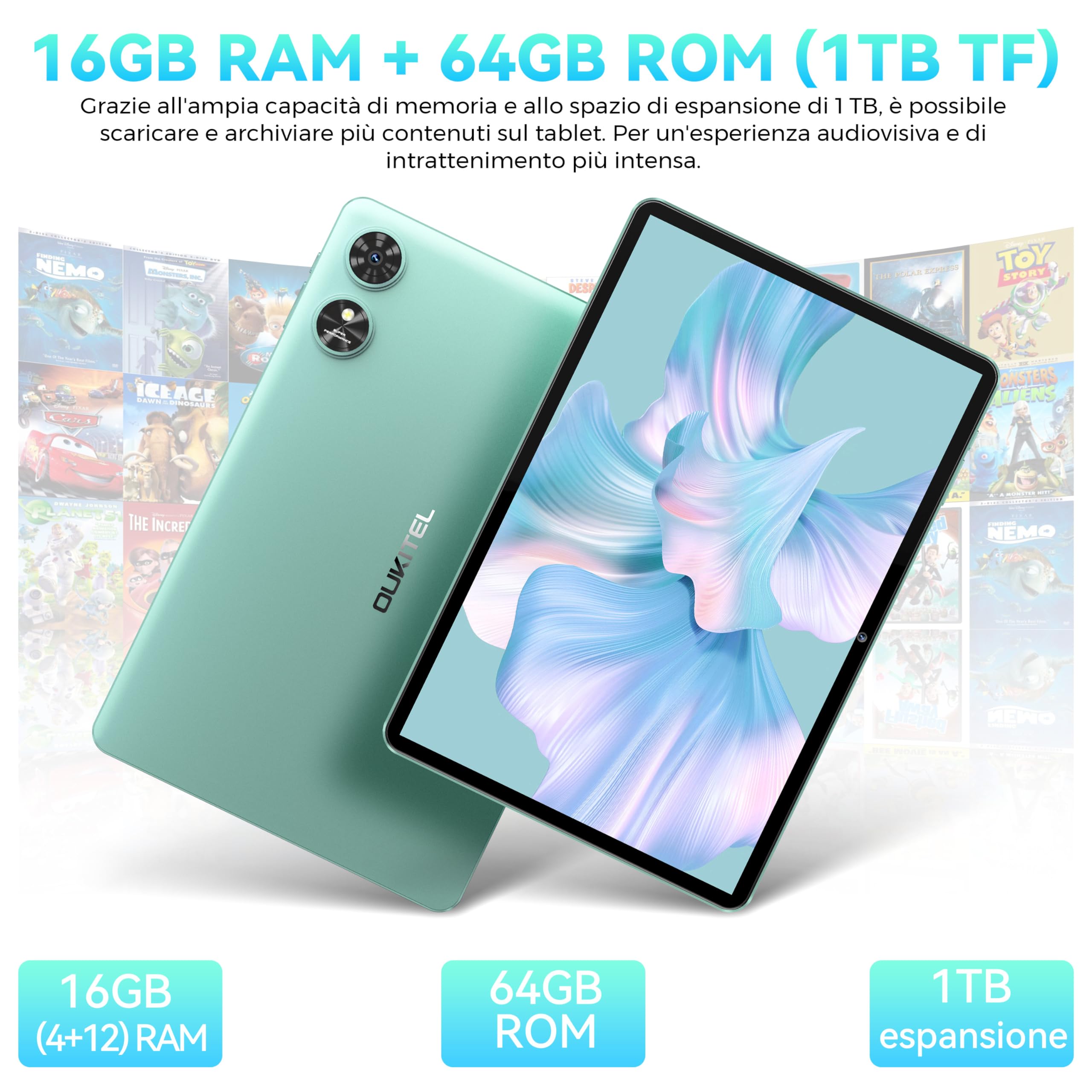OUKITEL OT6 Tablet -10.1 Pollici 8000mAh 16GB RAM+64GB ROM/TF 1TB Tablet Android 14, Tablet in Offerta Bluetooth 5.0/WiFi 6/1280 * 800/Widevine L1/Presa da 3,5 mm