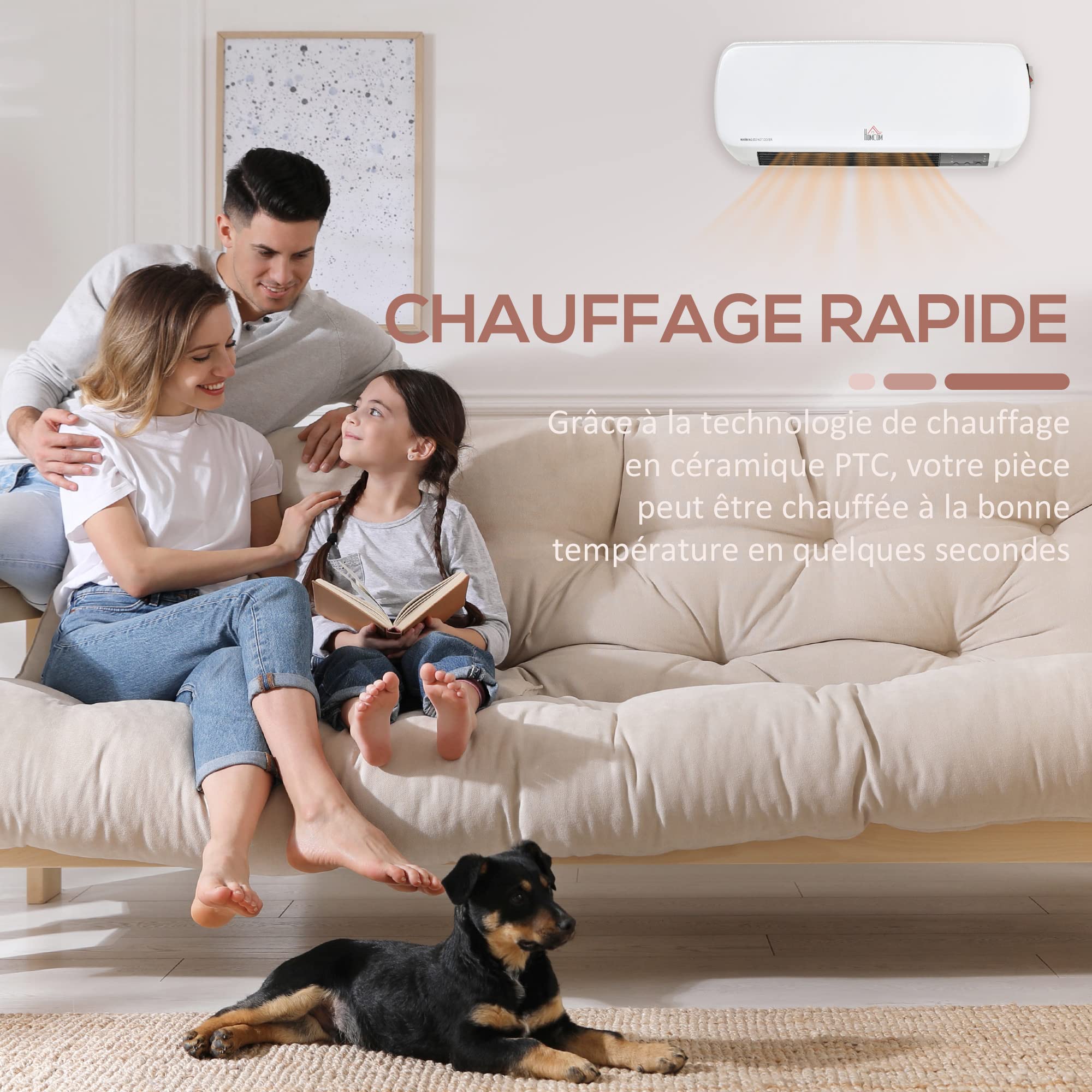 HOMCOM Radiateur mural soufflant 2000 W - chauffage céramique PTC - 3 niveaux de puissance - télécommande incluse blanc noir