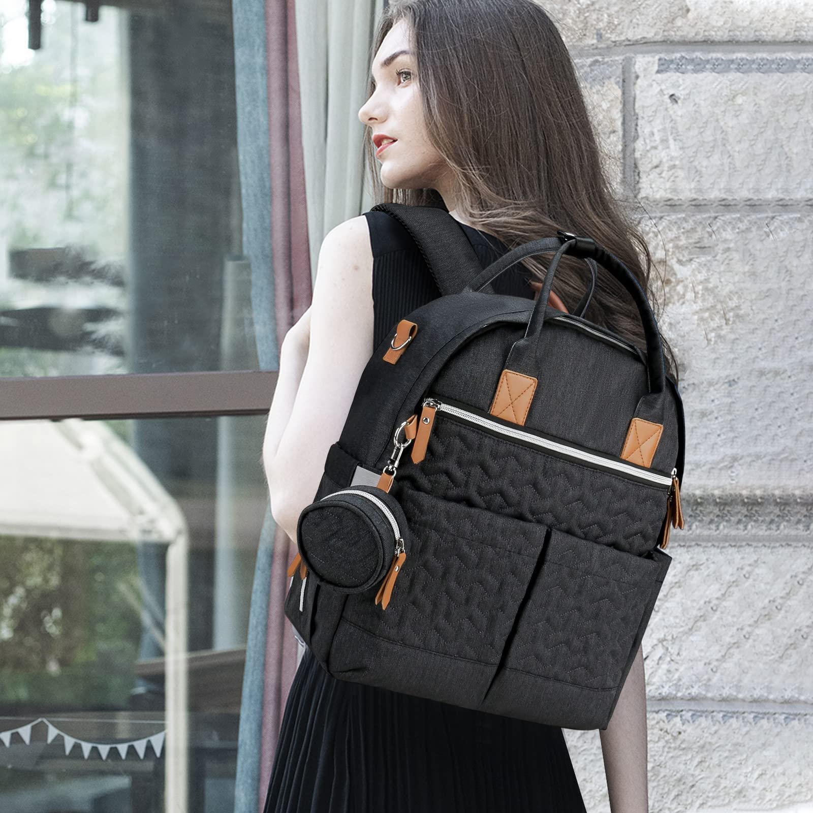 SONARIN Portable Grande Capacité Sacs à Dos à Langer pour Bébé,Sacs à Langer Multifonctionnel Imperméable Sac à Couches de Voyage avec Sac à Tétine & Crochets de Poussette(Noir)