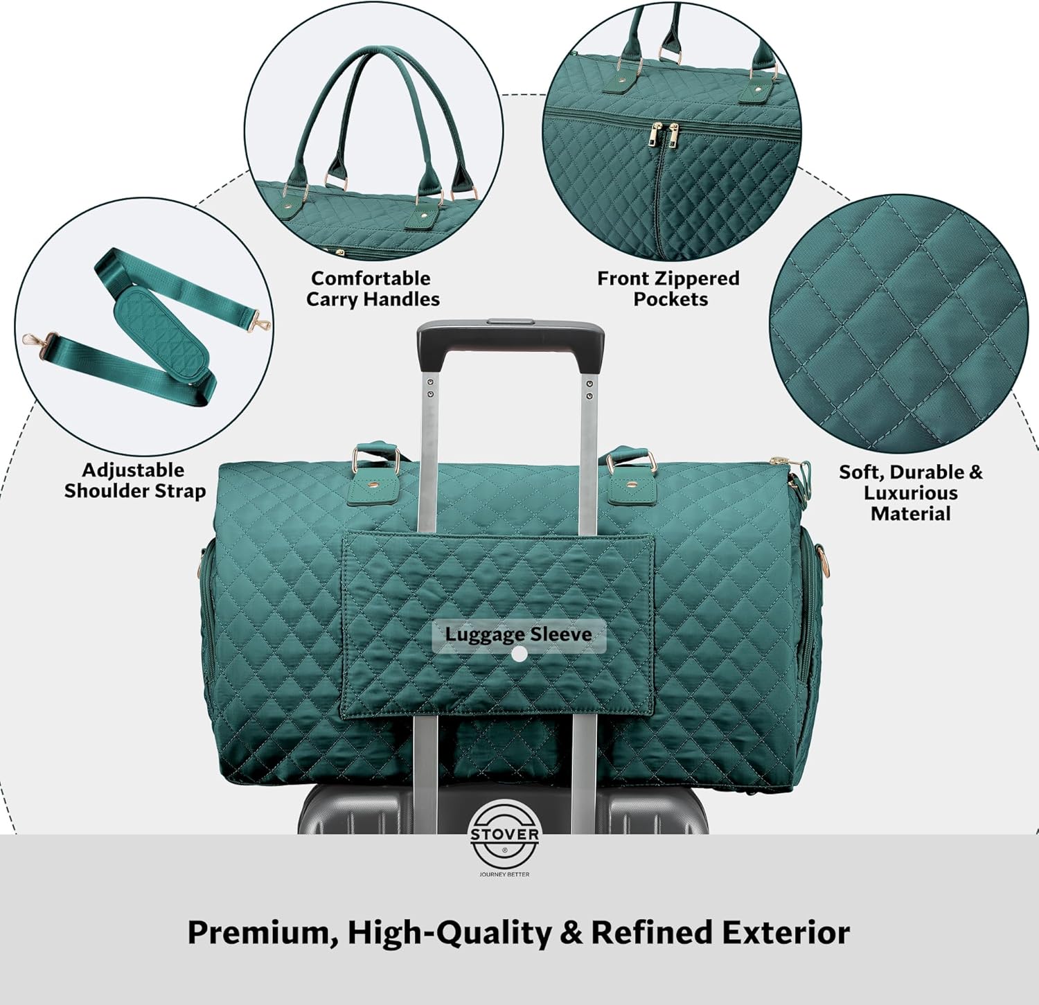 STOVER Women’s Convertible Garment Duffel Bag for Travel – 2-in-1 Carry-On Weekender/Overnight Tote - Wrinkle-Free Dresses, Suits & Clothes Plus Shoe Compartment & Bonus Toiletry Bag (Emerald Green) - Image 4