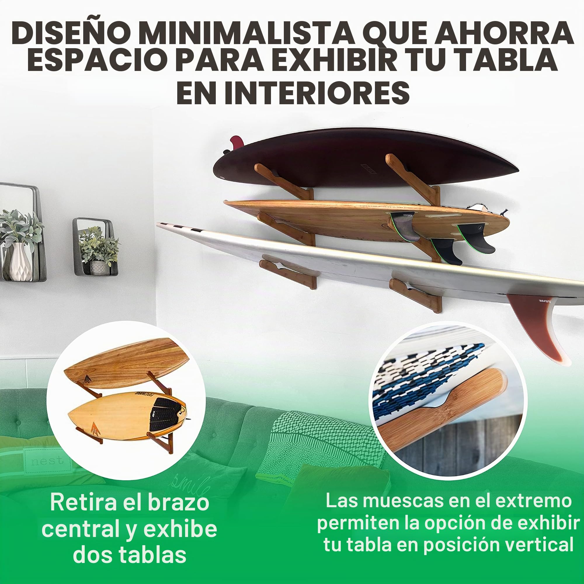 COR Surf Soporte de Pared para Tres Tablas | sostiene 3 Tablas de Surf | Expositor para Tablas de Surf | Longboard Shortboard | Junta Kite | Snowboard