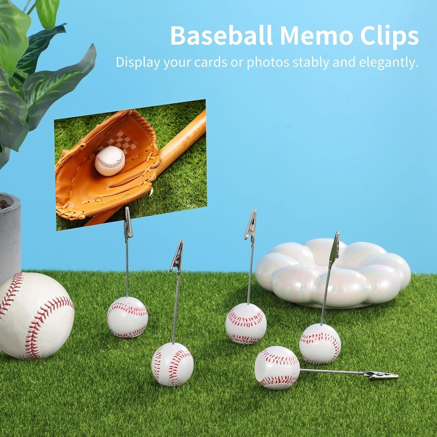 Resin Ball Bases & Alligator Clips with Table Number Card Holders, Sports Photo Stands, Note Paper Clips, Multi-Purpose Tag Stands for Wedding, Party, Event, 12 Pcs Baseball Memo Clips