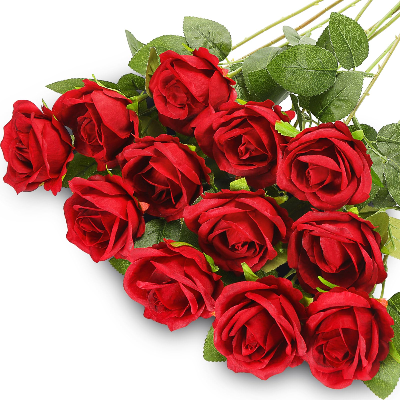Hotop 12 Pcs Artificial Roses Flowers Realistic Silk Bouquet with Long Stem, Real Touch Roses for Wedding Centerpieces Bridal Shower Party Home Decor(Red)