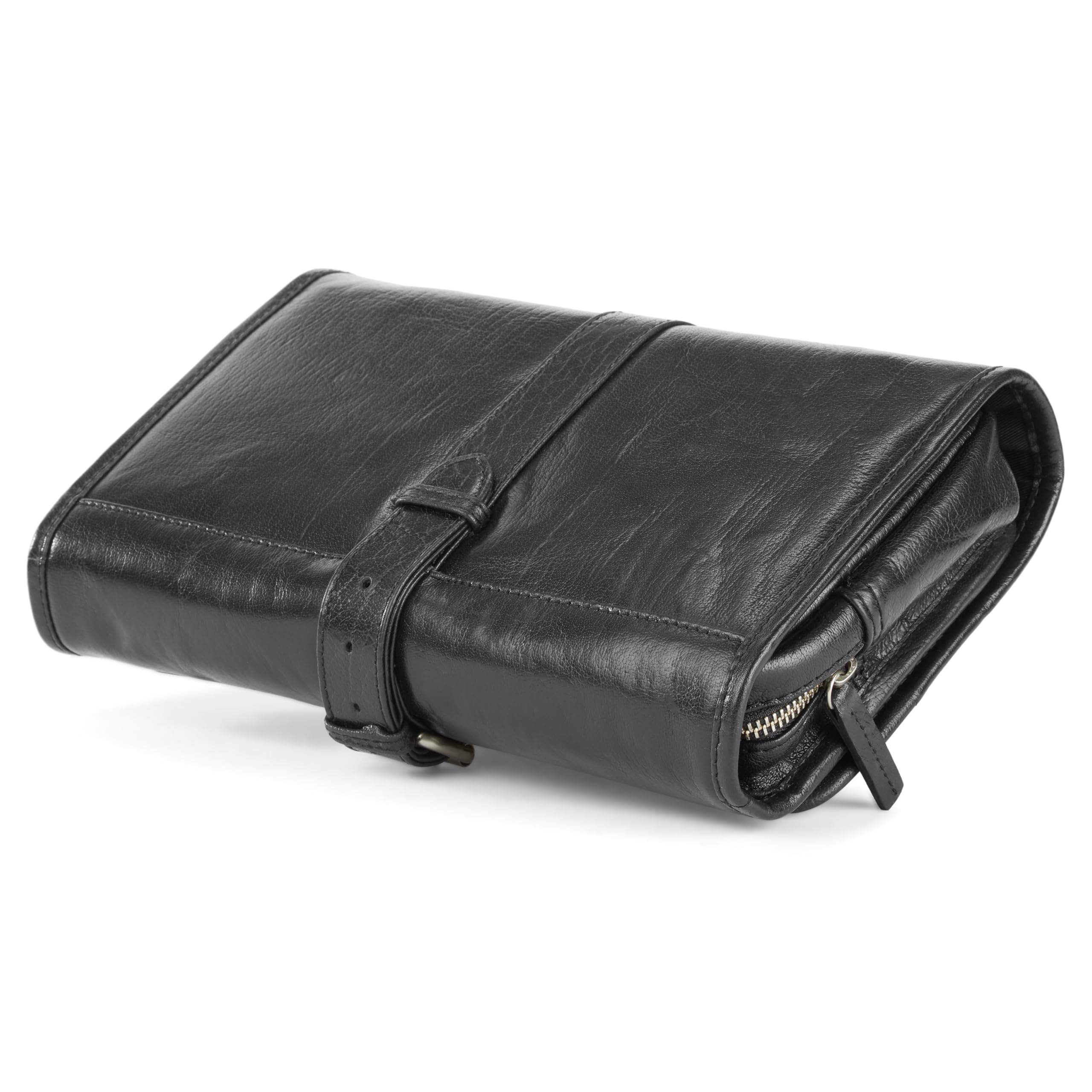 Lucleon by Trendhim - Neceser colgante de piel para hombre, espacioso neceser de piel auténtica con acabado de anilina y forro de algodón, gancho para colgar, elegante diseño danés para viajes, Black