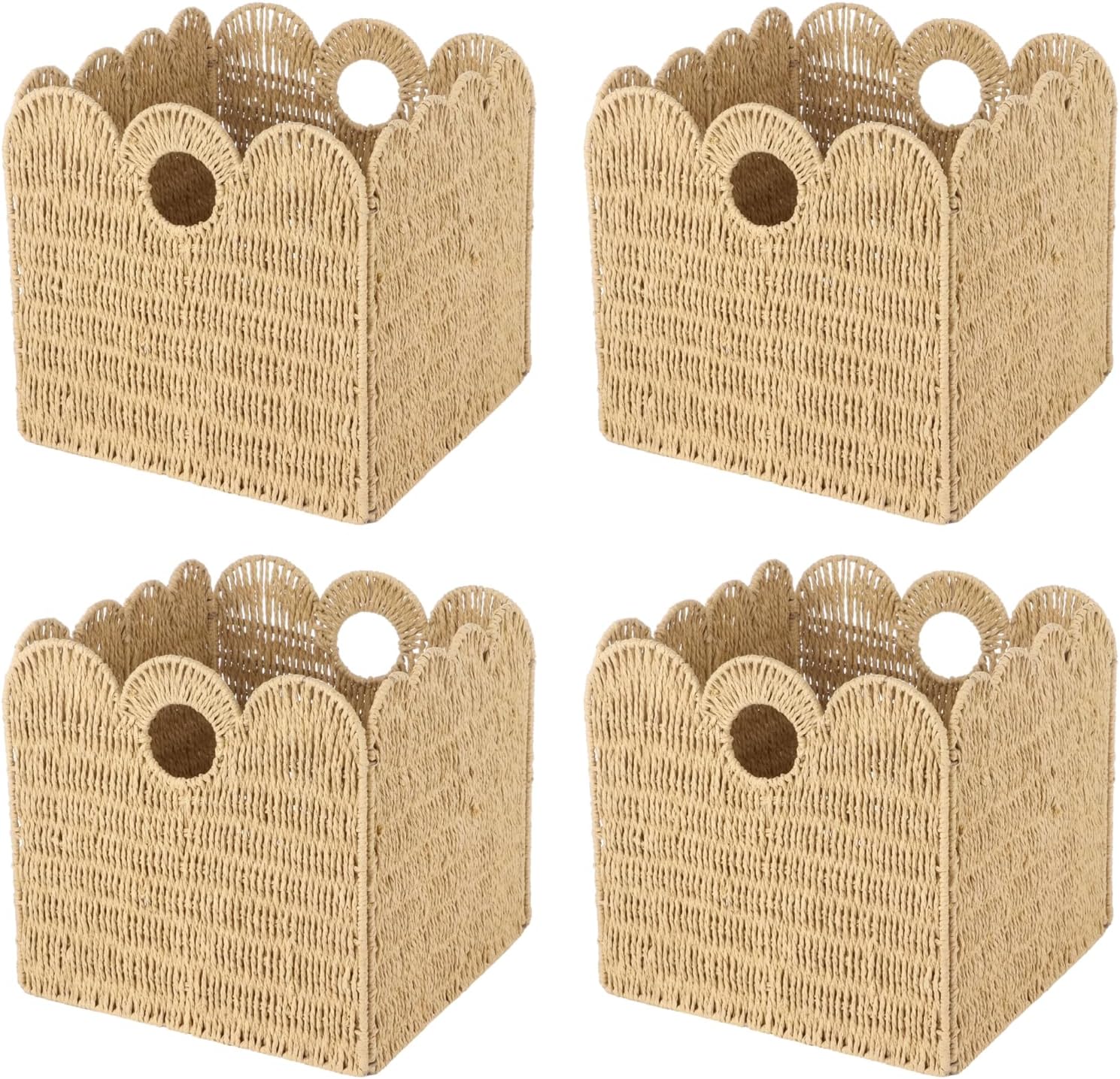 4 Pcs 12x12 Scalloped Wicker Storage Cubes - Woven Paper Rope Storage Baskets, Foldable Square Bins with Handles, Collapsible Containers for Shelves, Closets, 11.8×11.8×11.8"