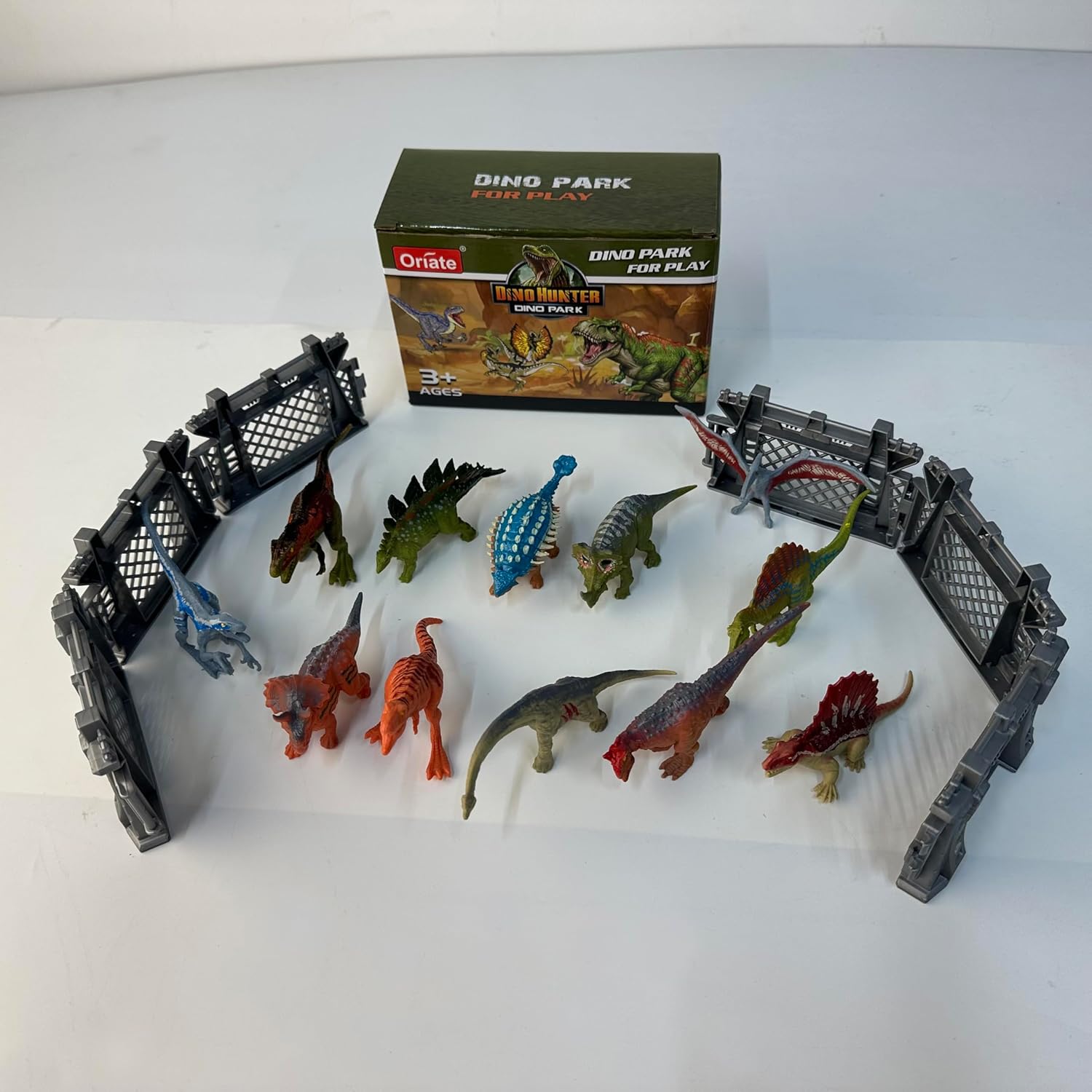 Oriate 12PCS Mini Dinosaurs Figures Figurines Toys for Kids 3-5 5-7, Capture n Escape Dino World Playset, Including 6 Dinosaur Fences, Realistic Jurassic Sets for Kids Birthday Gifts Cake Topper