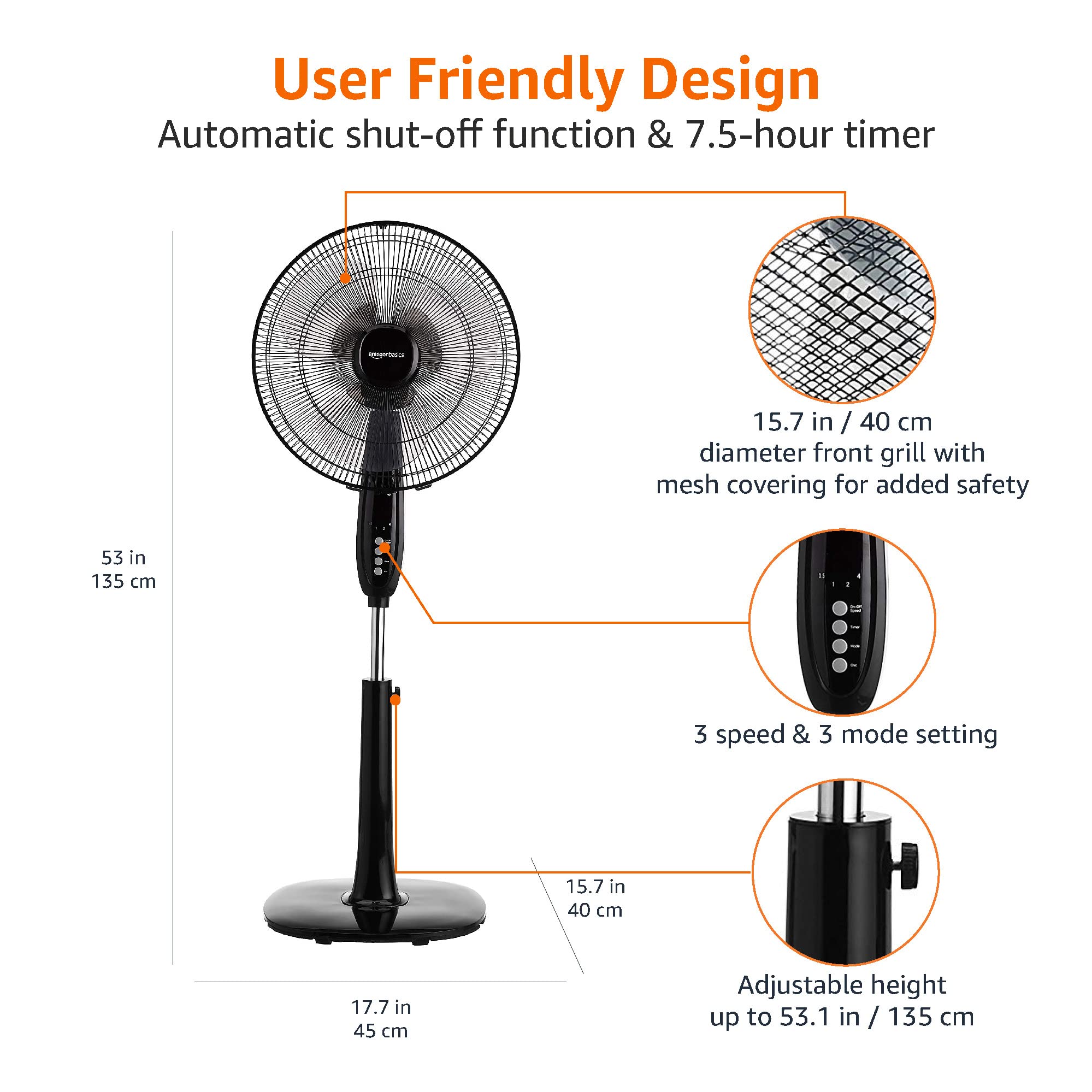 Amazon Basics Height & Tilt Angle Adjustable Oscillating Digital Dual 3-Blade 3-Speed Standing Pedestal Fan with Remote Control, Black - Image 3