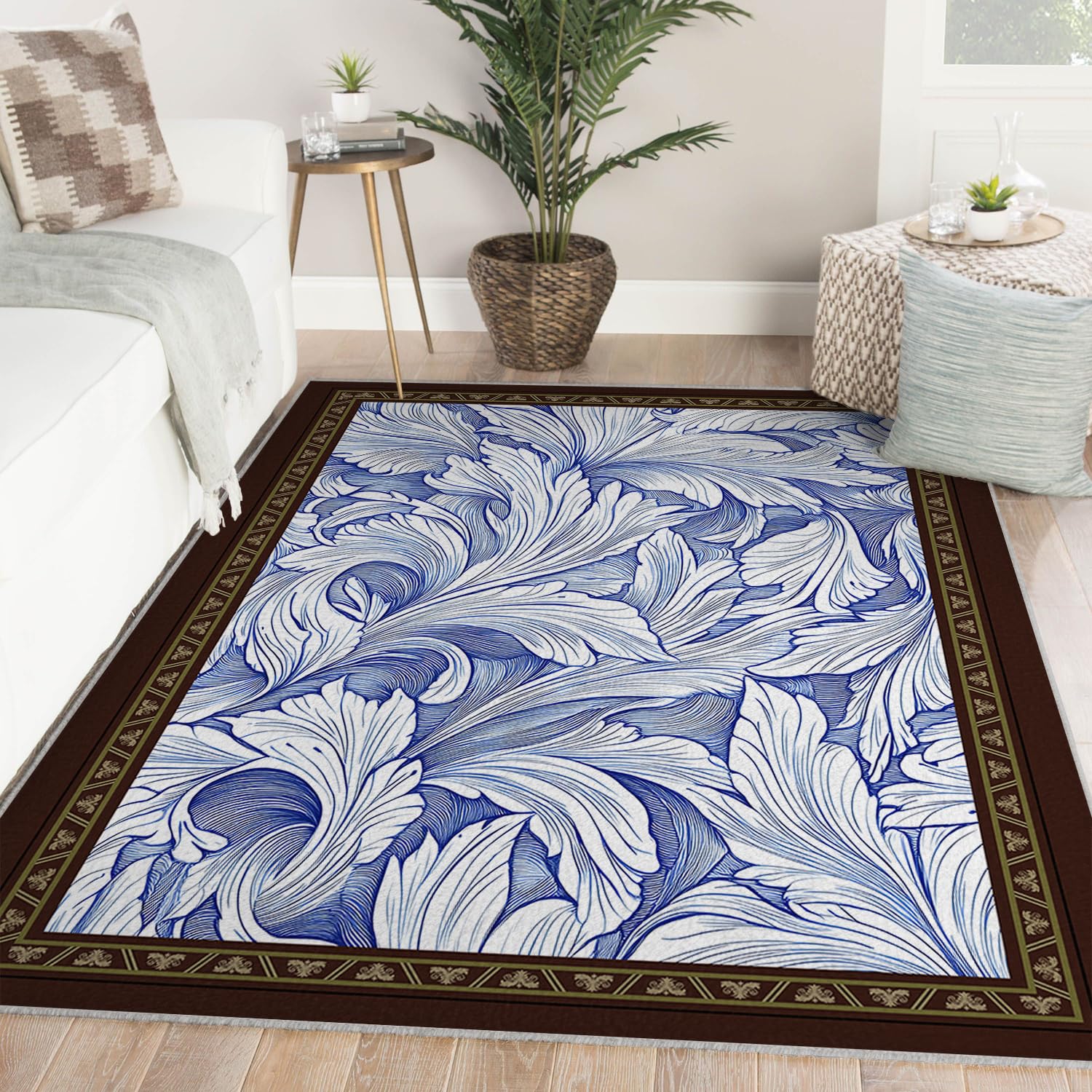Tapis à poil bas antidérapant style bleu et blanc salon 160x230
