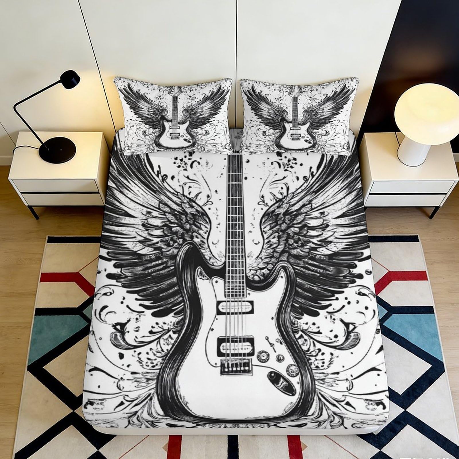3D Printed Winged Guitar Fitted Sheet Microfiber Black White Skull Bed Sheet for Bedroom Dorm Mattress Decor 90x200x25cm