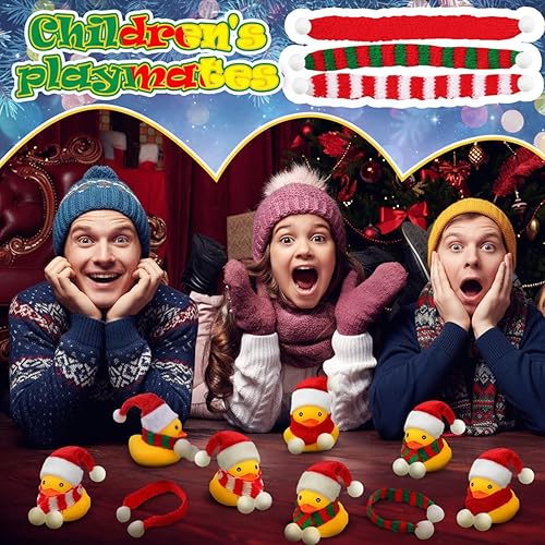 Miniatura 7 de Funtery 12 patos de goma de Navidad a granel con sombreros de Navidad y bufanda, mini duchas de pato de goma para Navidad, invierno, vacaciones,