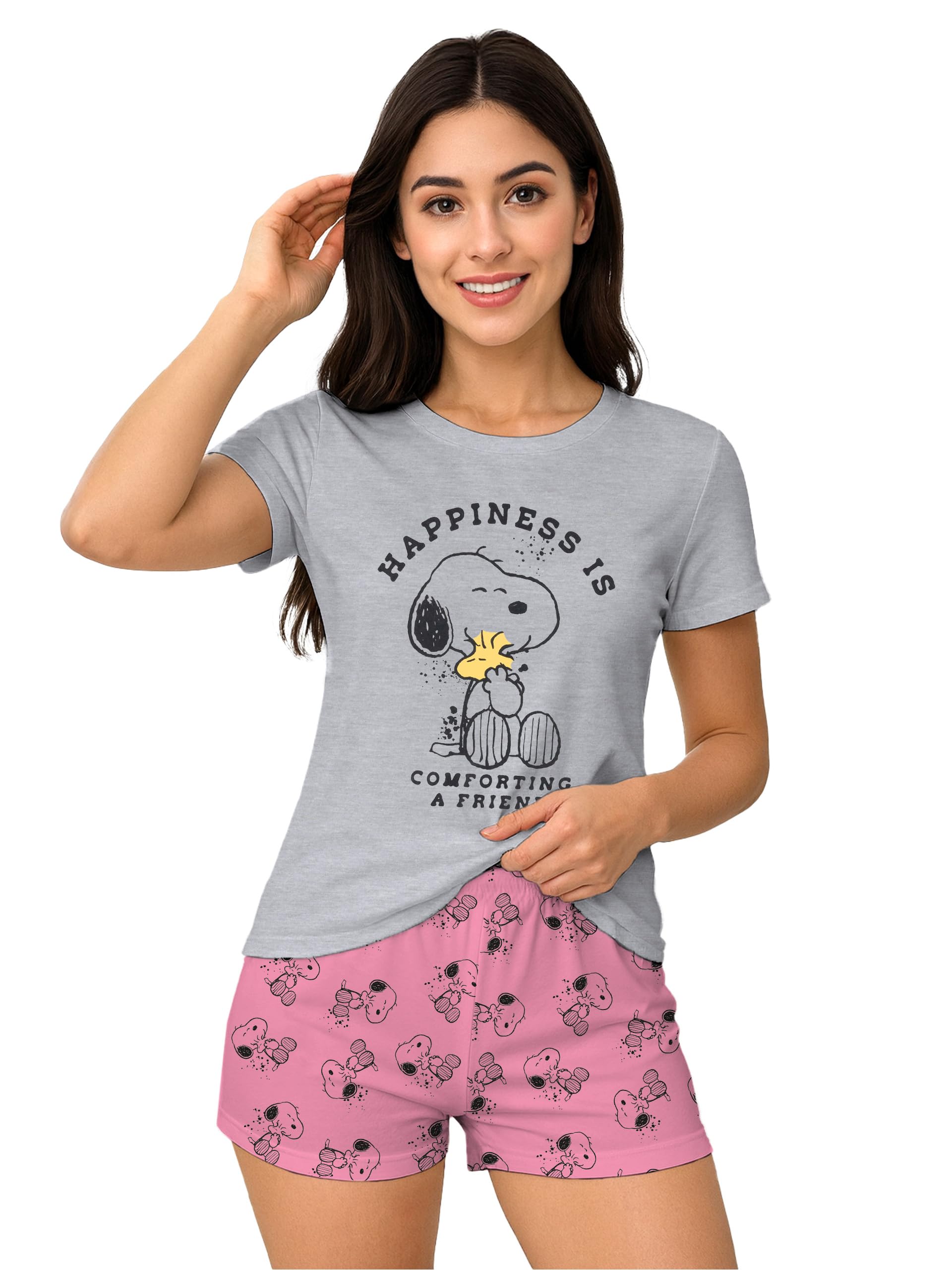 United Labels Women's Grey/Pink The Peanuts Snoopy Pyjamas For - Happiness Pyjama Set Short Sleeve Top With Shorts Xl