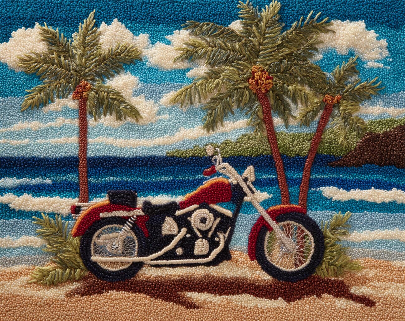 AMBATTERY Tapestry Kit Beach Motorcycles Cross Stitch Rug Making Kit，Carpet Crochet Kits Embroidery Set Needlework Crafts for Home Decor 23x35in