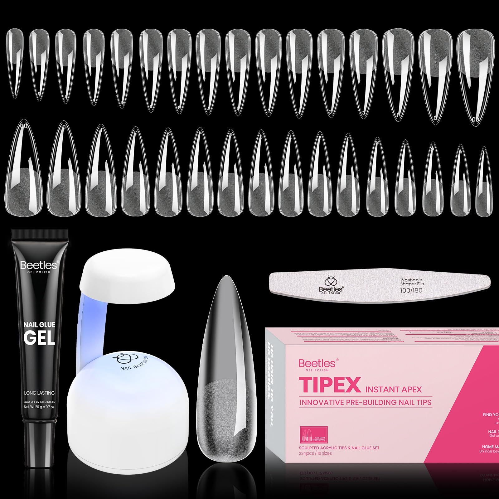 Beetles Tipex Instant Apex Nail Tips Kit, Stiletto Long, 224pcs 16 Sizes, with Tipex UV Nail Glue Mini Nail Lamp,Pre-Building Pre-Etched Strong Thicker Acrylic Nail Tips Set